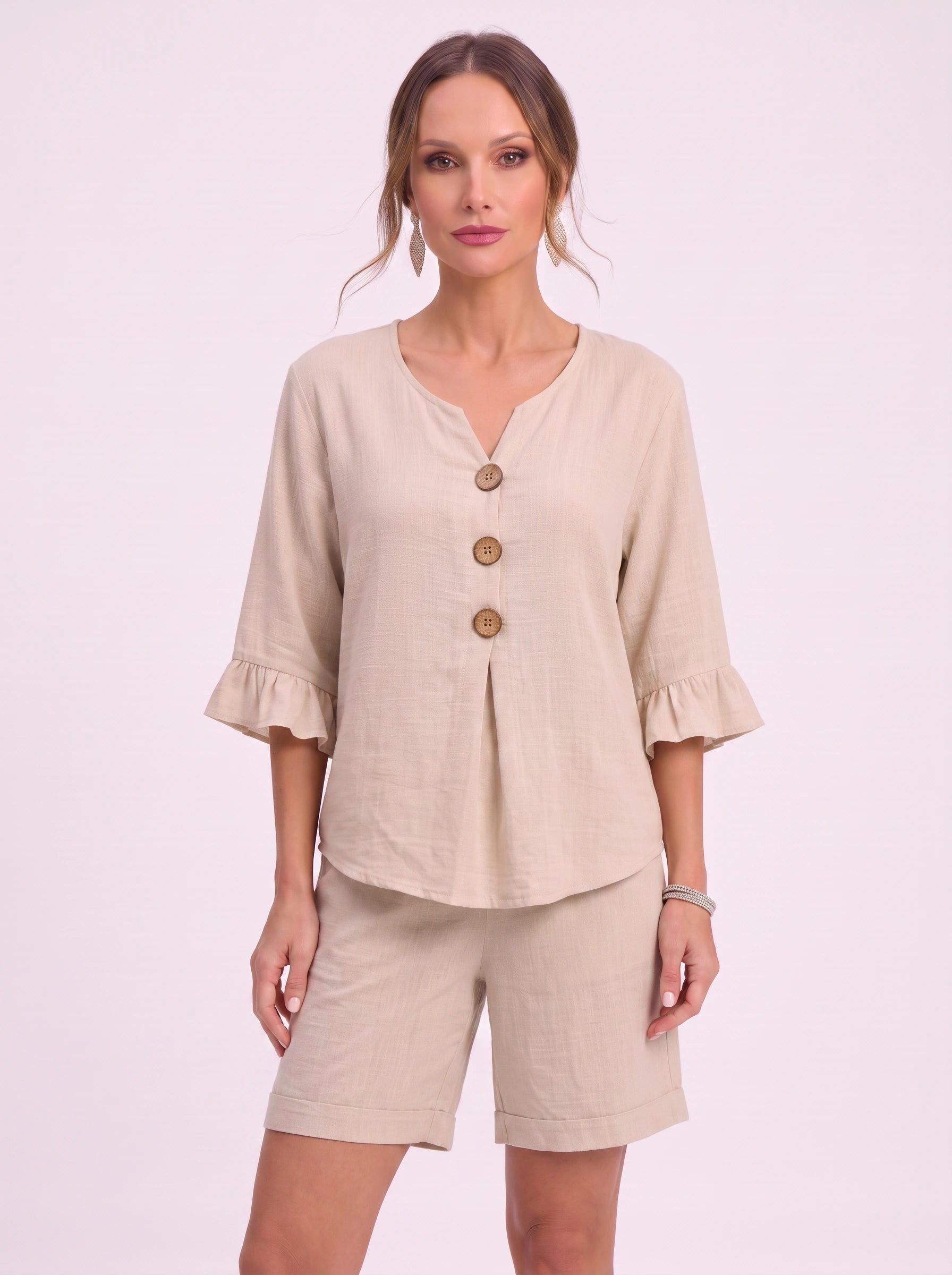 Linora Button-Front Ruffle Sleeve Lounge Set – Two Piece Sets Women Casual Loungewear Cotton Pajama Sets