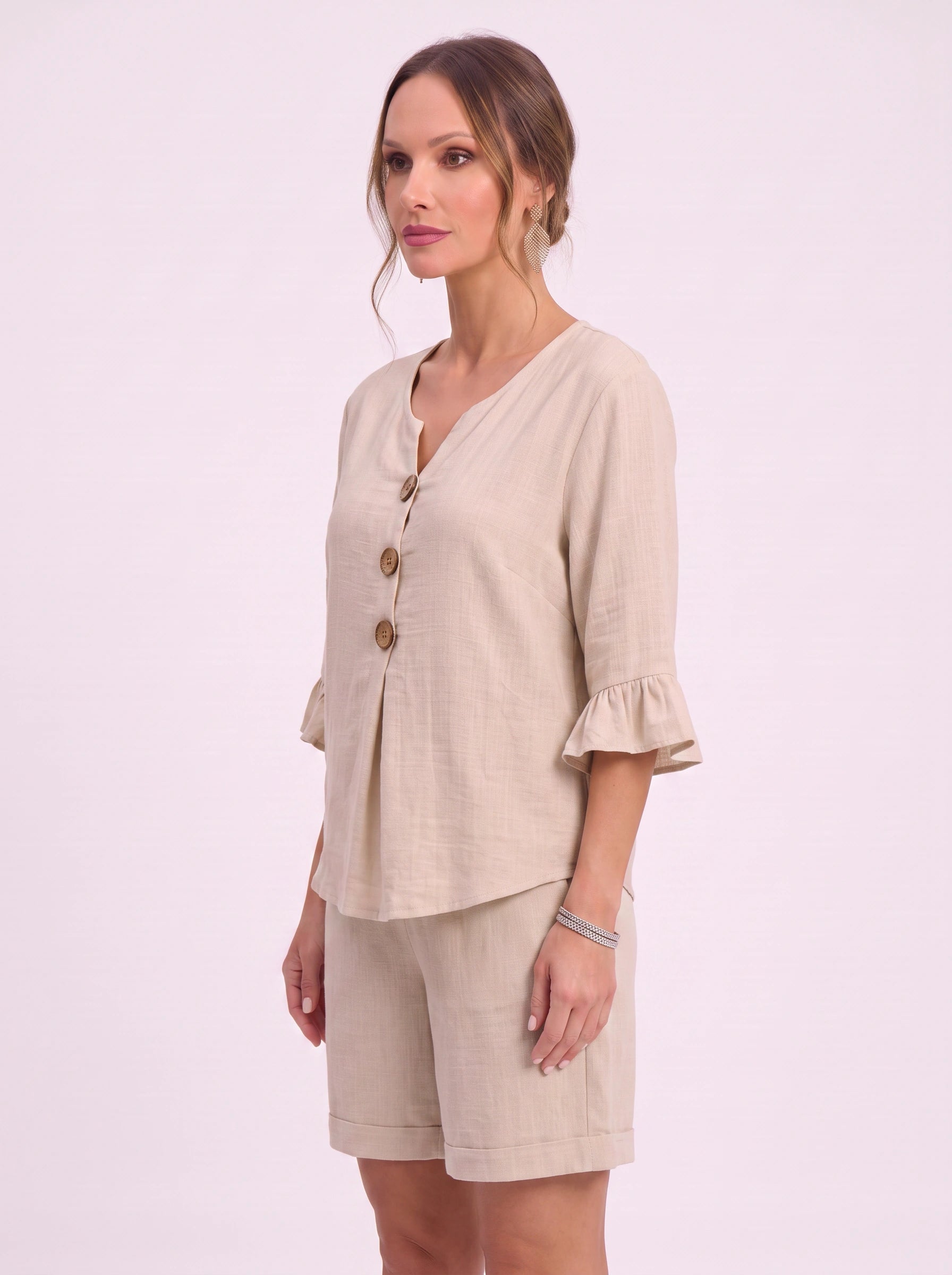 Linora Button-Front Ruffle Sleeve Lounge Set – Two Piece Sets Women Casual Loungewear Cotton Pajama Sets