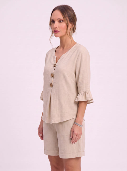 Linora Button-Front Ruffle Sleeve Lounge Set – Two Piece Sets Women Casual Loungewear Cotton Pajama Sets
