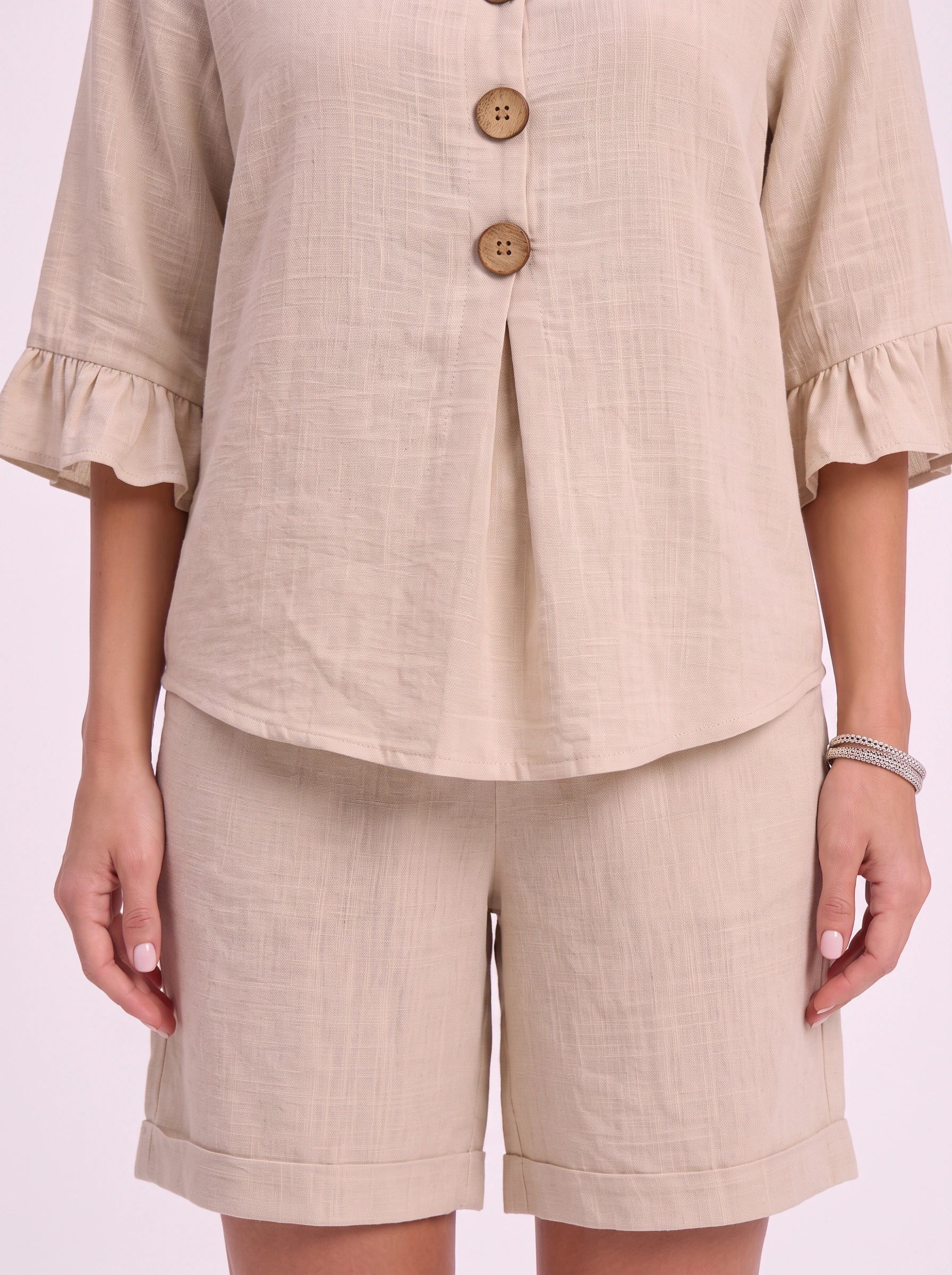 Linora Button-Front Ruffle Sleeve Lounge Set – Two Piece Sets Women Casual Loungewear Cotton Pajama Sets