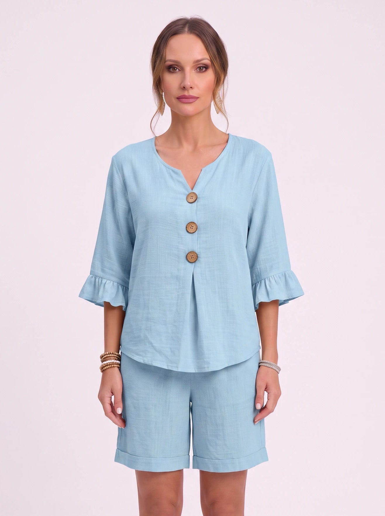 Linora Button-Front Ruffle Sleeve Lounge Set – Two Piece Sets Women Casual Loungewear Cotton Pajama Sets