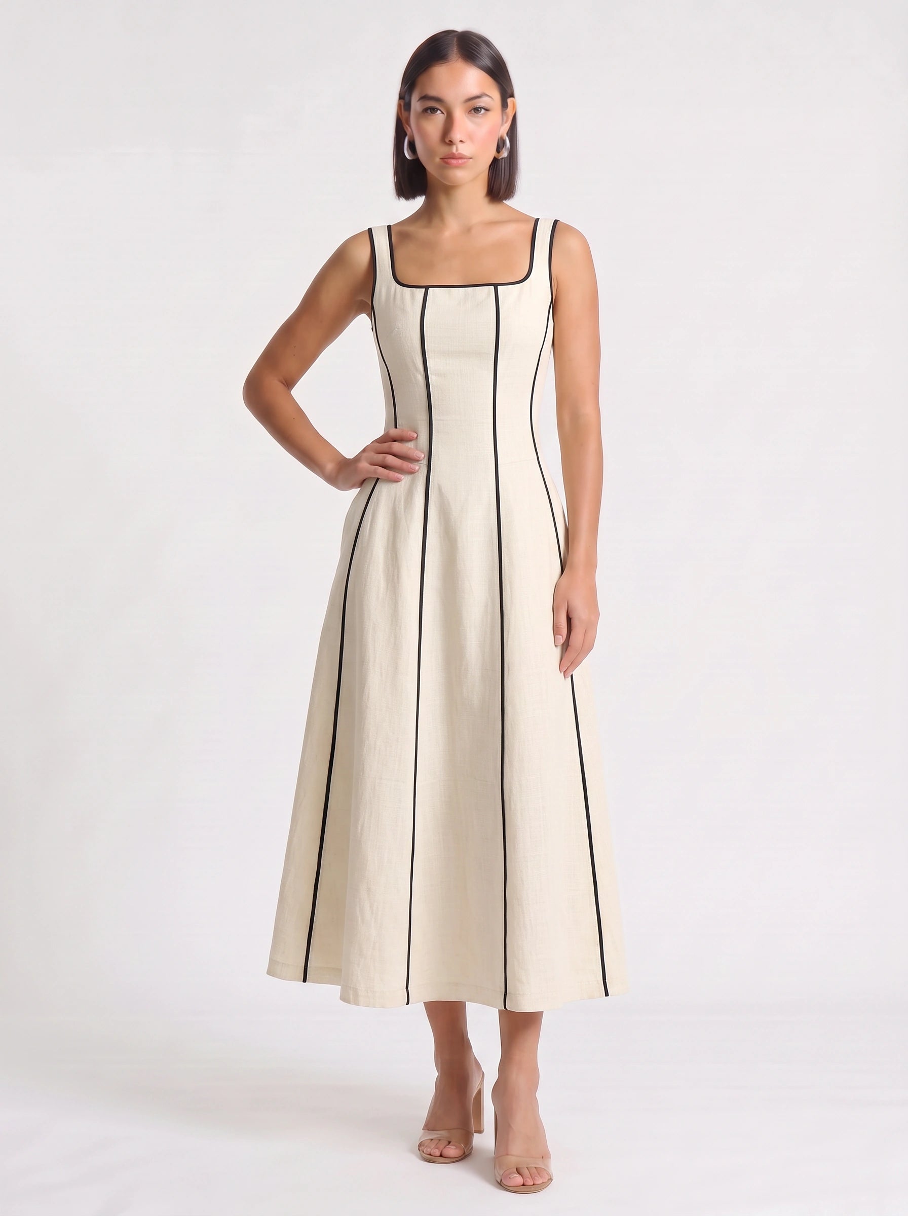 Linestri Square Neck Midi Dress – Linen Blend Contrast Piping Women Formal Wedding Guest A-Line Midi Dress
