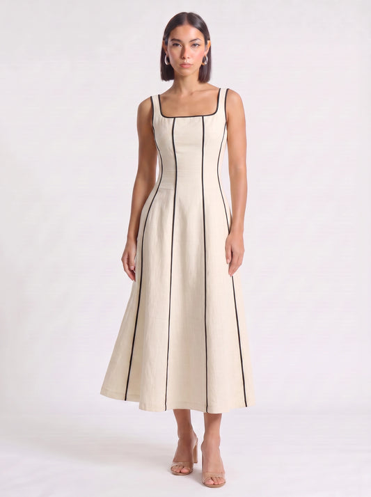 Linestri Square Neck Midi Dress – Linen Blend Contrast Piping Women Formal Wedding Guest A-Line Midi Dress