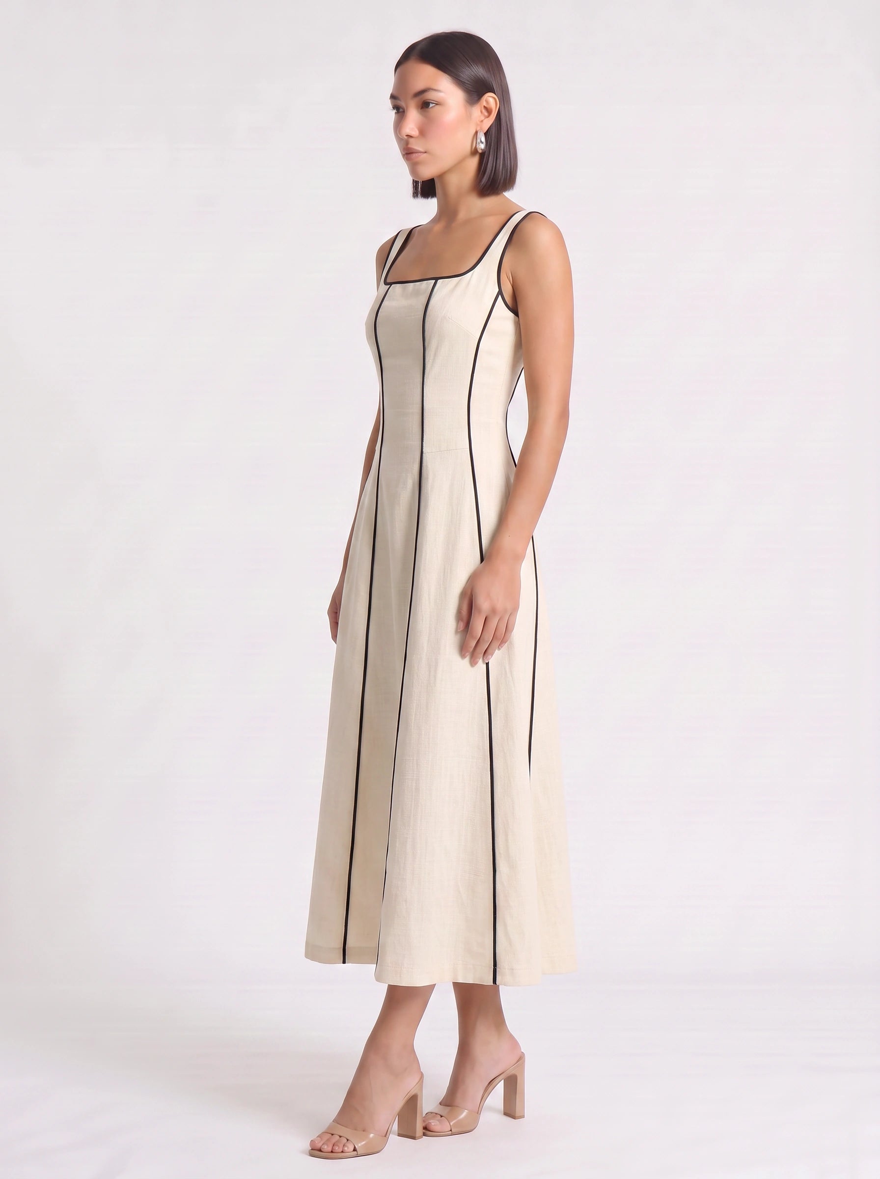 Linestri Square Neck Midi Dress – Linen Blend Contrast Piping Women Formal Wedding Guest A-Line Midi Dress