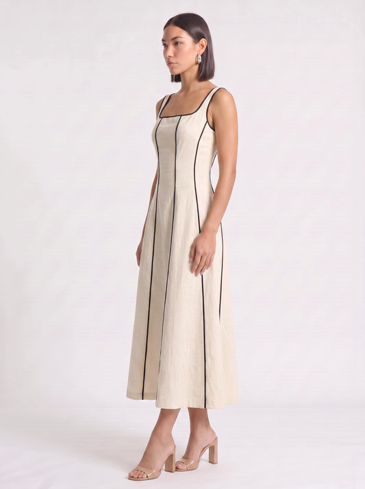 Linestri Square Neck Midi Dress – Linen Blend Contrast Piping Women Formal Wedding Guest A-Line Midi Dress