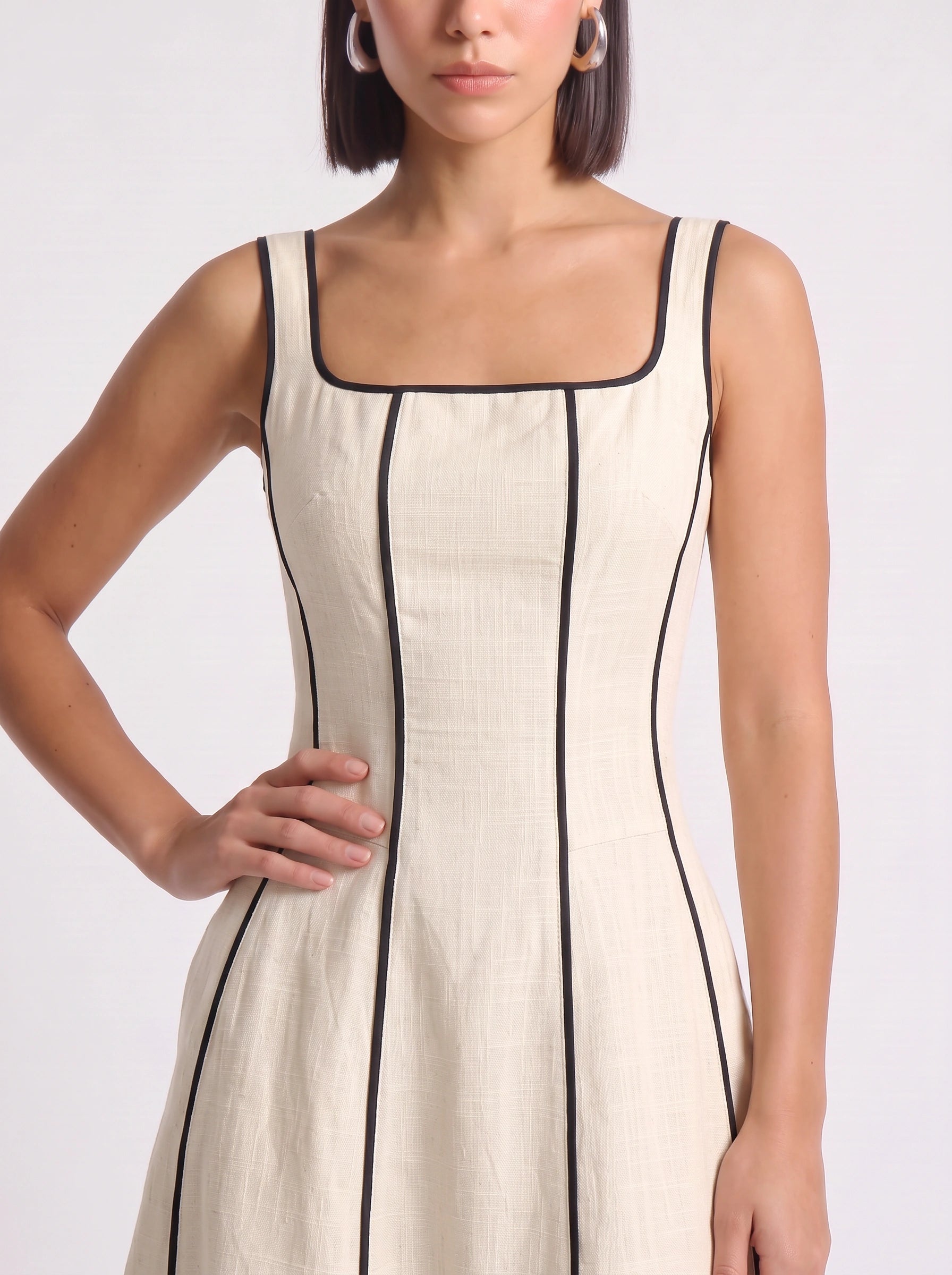 Linestri Square Neck Midi Dress – Linen Blend Contrast Piping Women Formal Wedding Guest A-Line Midi Dress