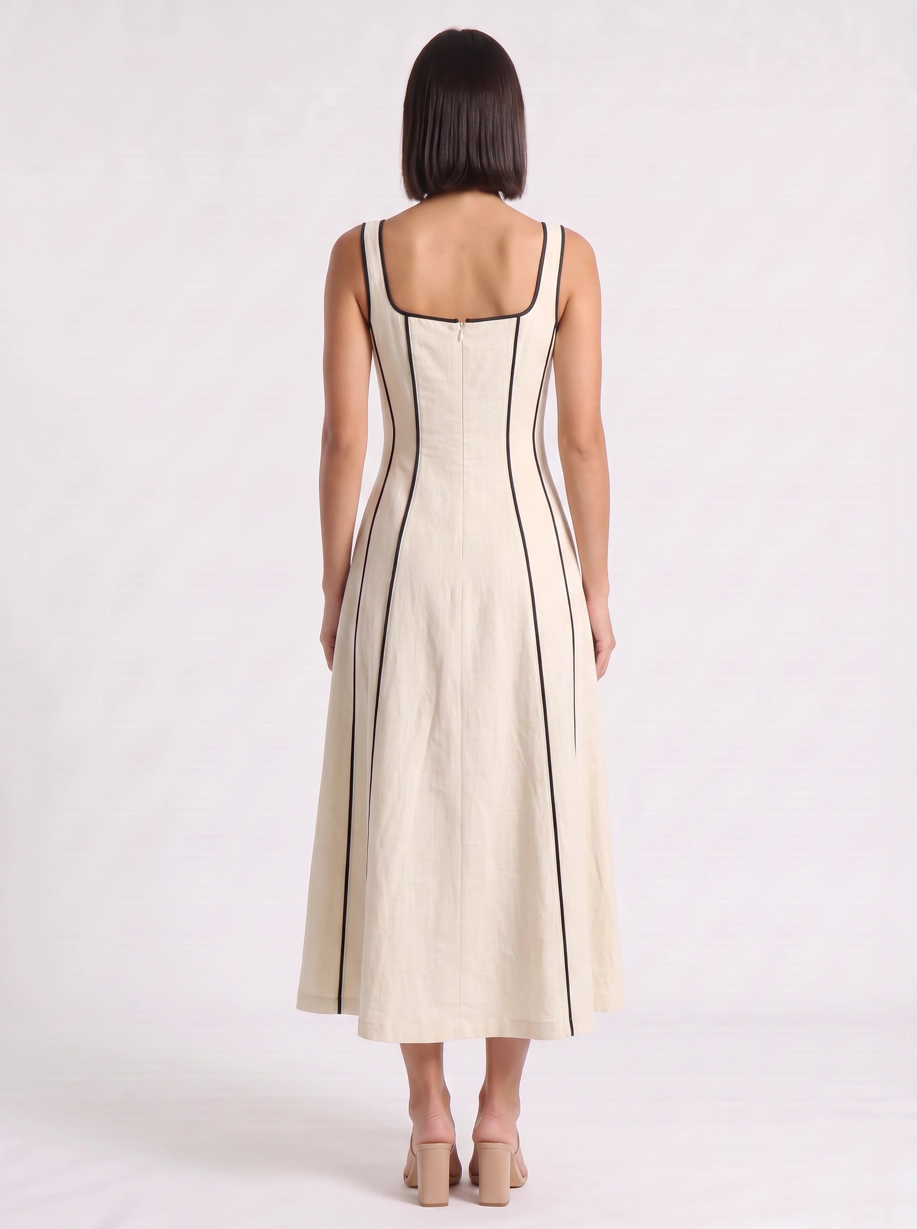 Linestri Square Neck Midi Dress – Linen Blend Contrast Piping Women Formal Wedding Guest A-Line Midi Dress