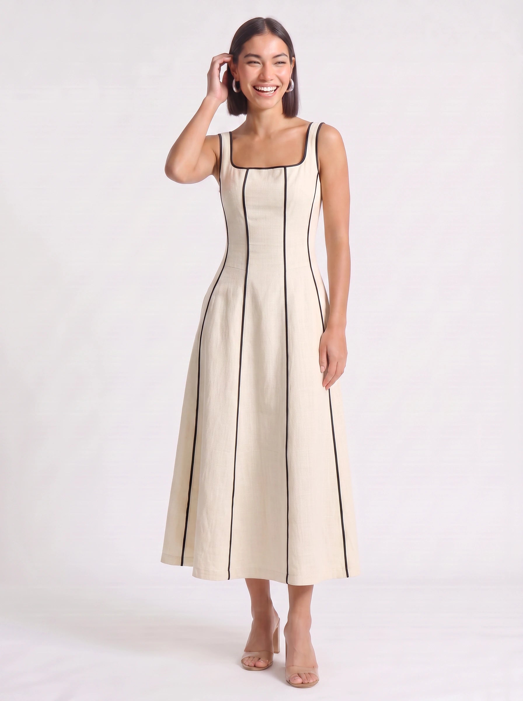 Linestri Square Neck Midi Dress – Linen Blend Contrast Piping Women Formal Wedding Guest A-Line Midi Dress