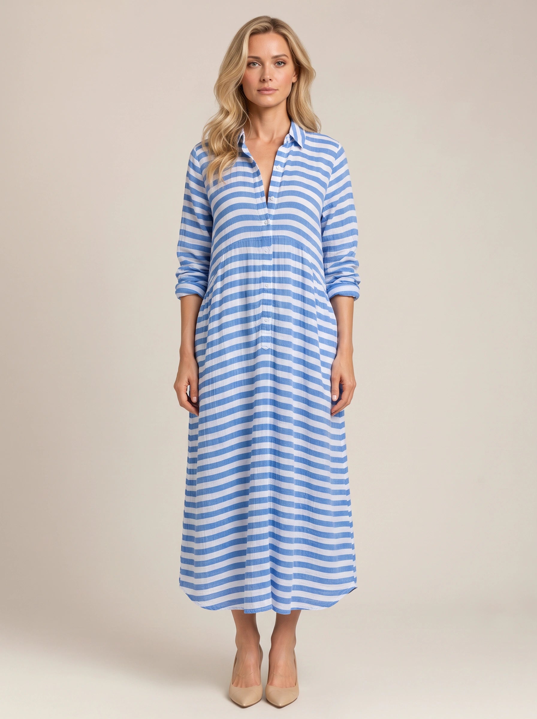 Rigatta Striped Shirt Maxi Dress – Women Summer Beach Vacation Casual Sundress Long Sleeve Maxi Dress
