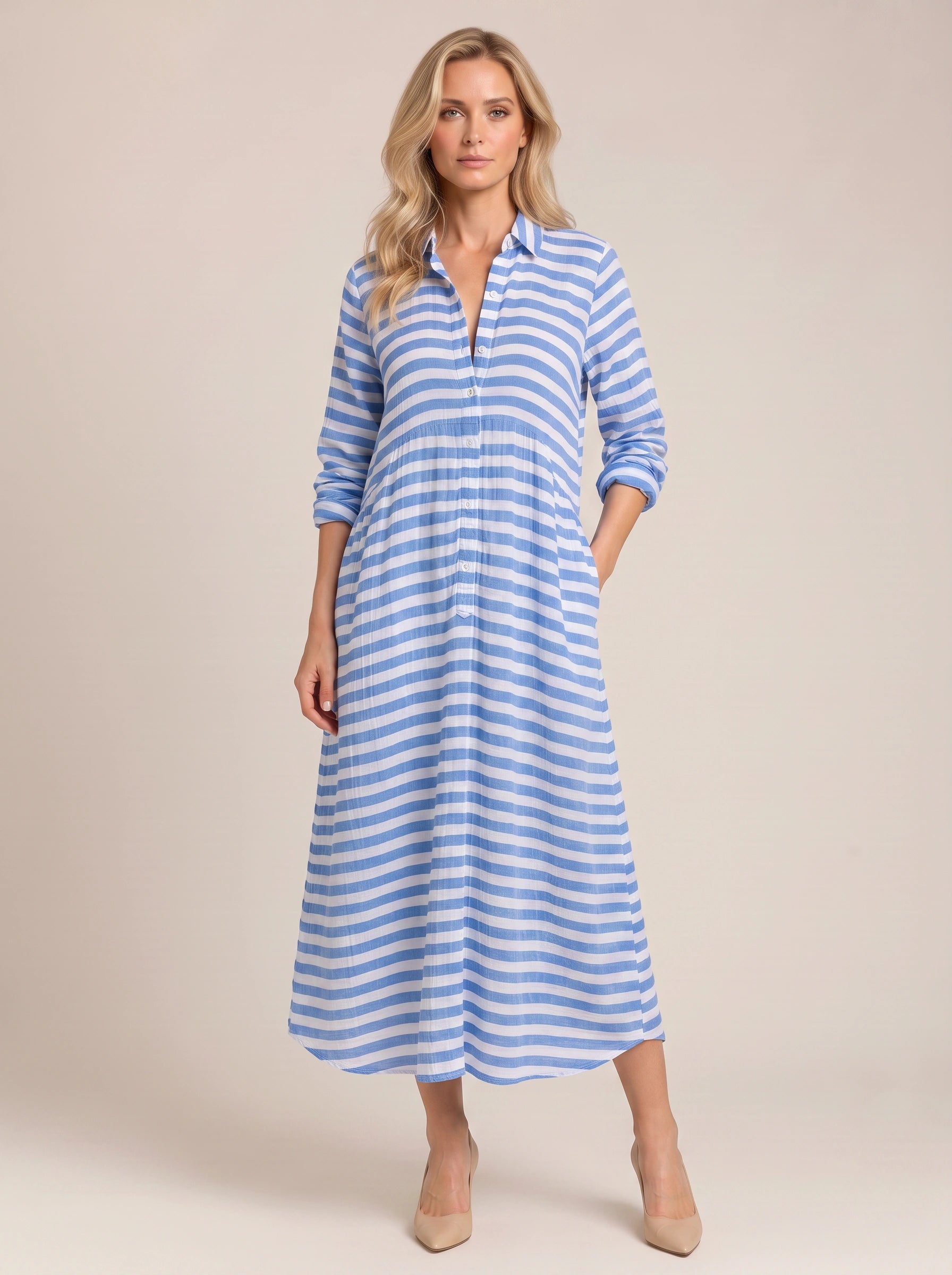 Rigatta Striped Shirt Maxi Dress – Women Summer Beach Vacation Casual Sundress Long Sleeve Maxi Dress