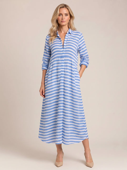 Rigatta Striped Shirt Maxi Dress – Women Summer Beach Vacation Casual Sundress Long Sleeve Maxi Dress