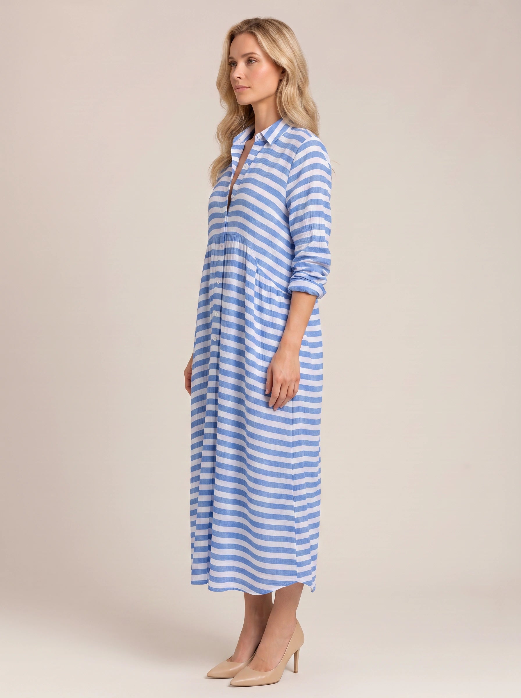 Rigatta Striped Shirt Maxi Dress – Women Summer Beach Vacation Casual Sundress Long Sleeve Maxi Dress