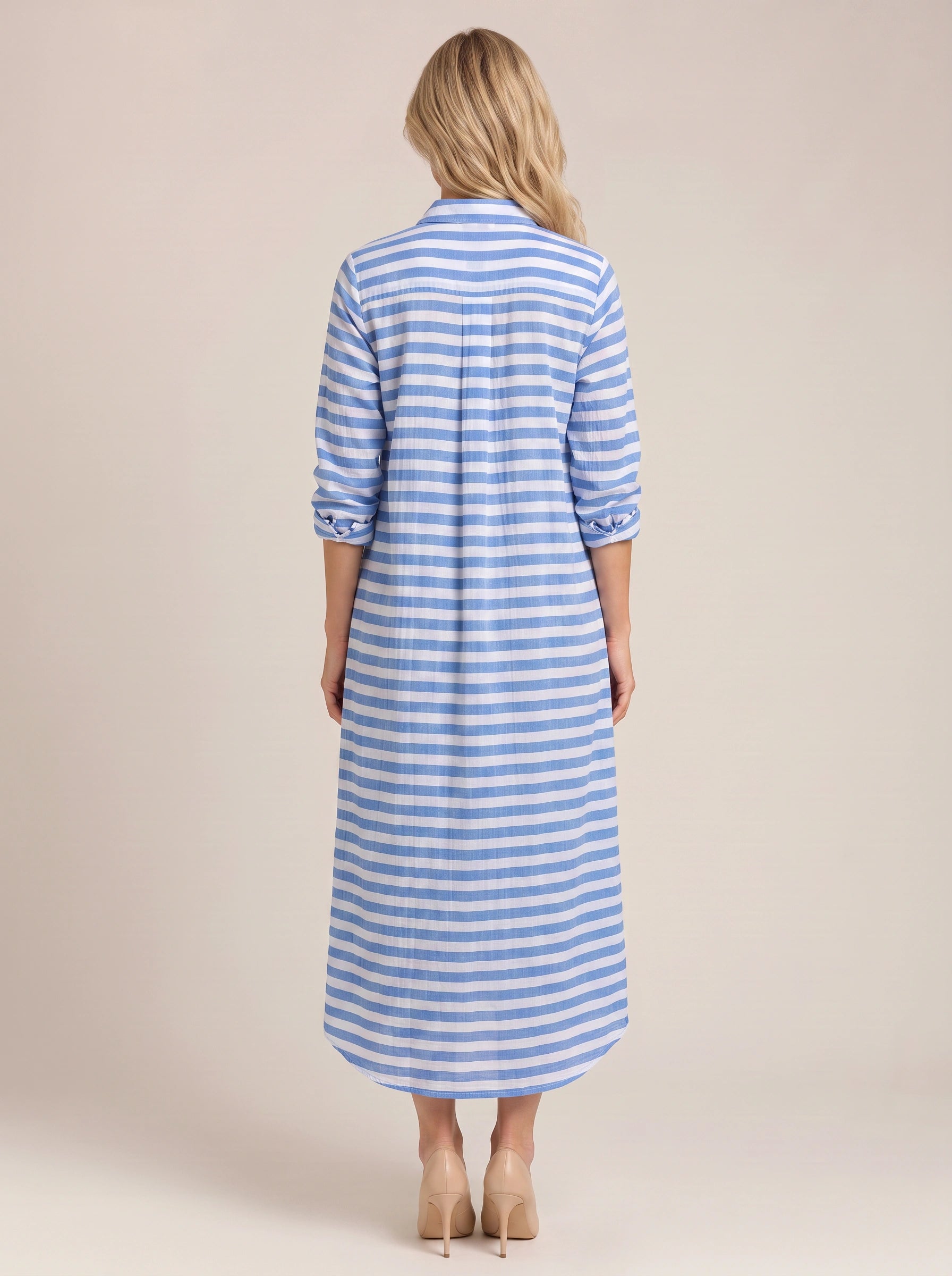 Rigatta Striped Shirt Maxi Dress – Women Summer Beach Vacation Casual Sundress Long Sleeve Maxi Dress