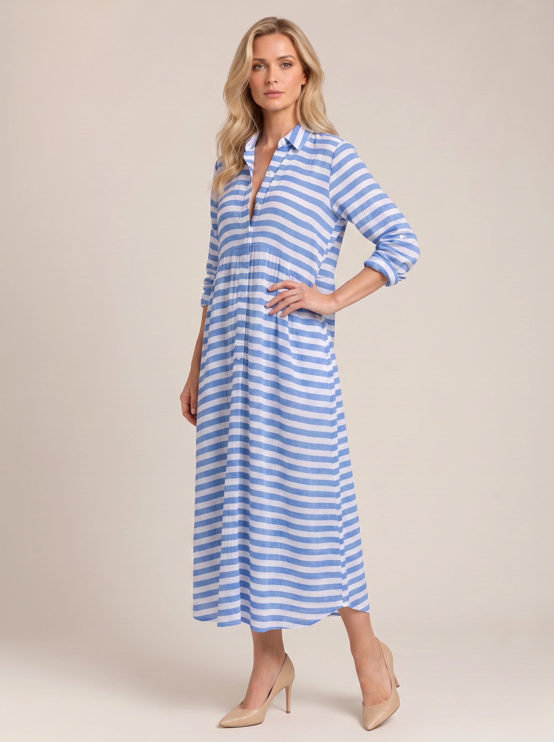 Rigatta Striped Shirt Maxi Dress – Women Summer Beach Vacation Casual Sundress Long Sleeve Maxi Dress