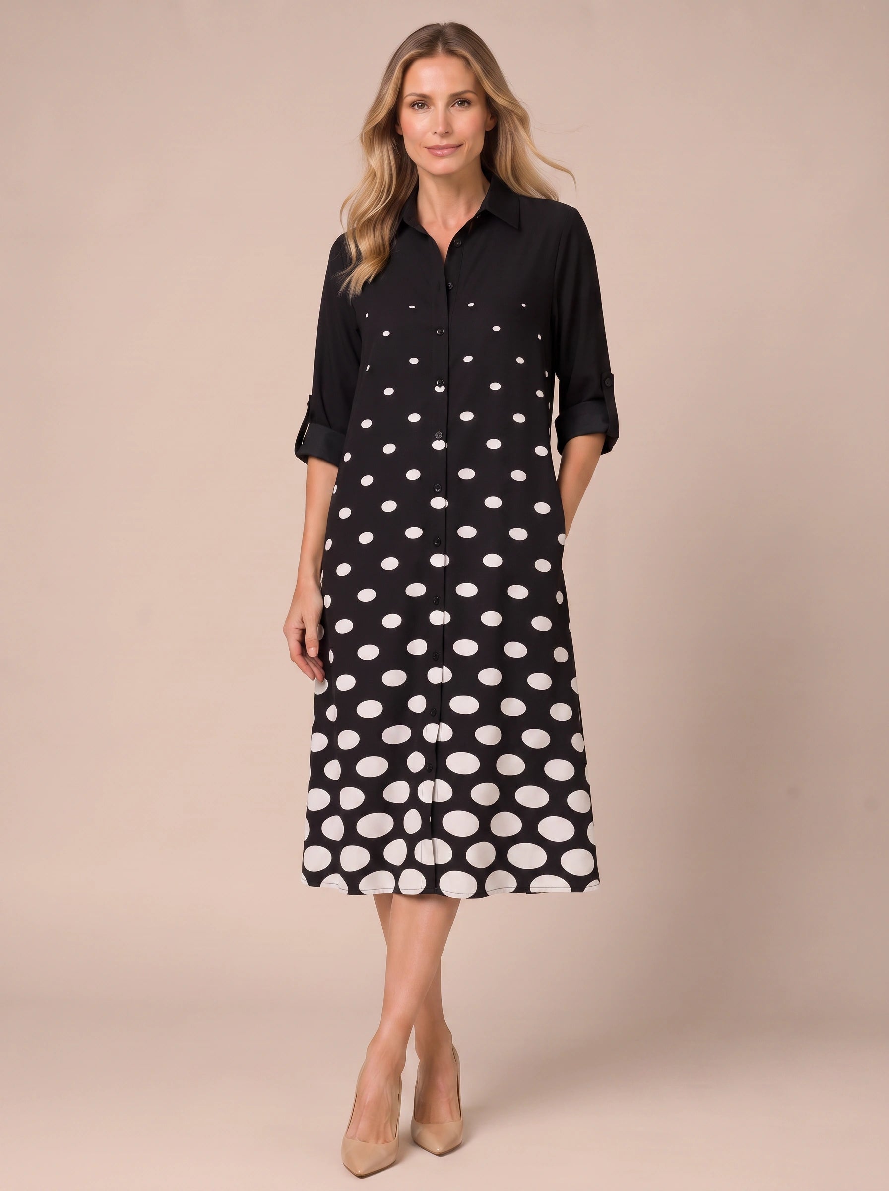 Dottura Polka Dot Collar Midi Dress – Shirt Midi Dress Women Casual Summer Work Office A-Line Dress