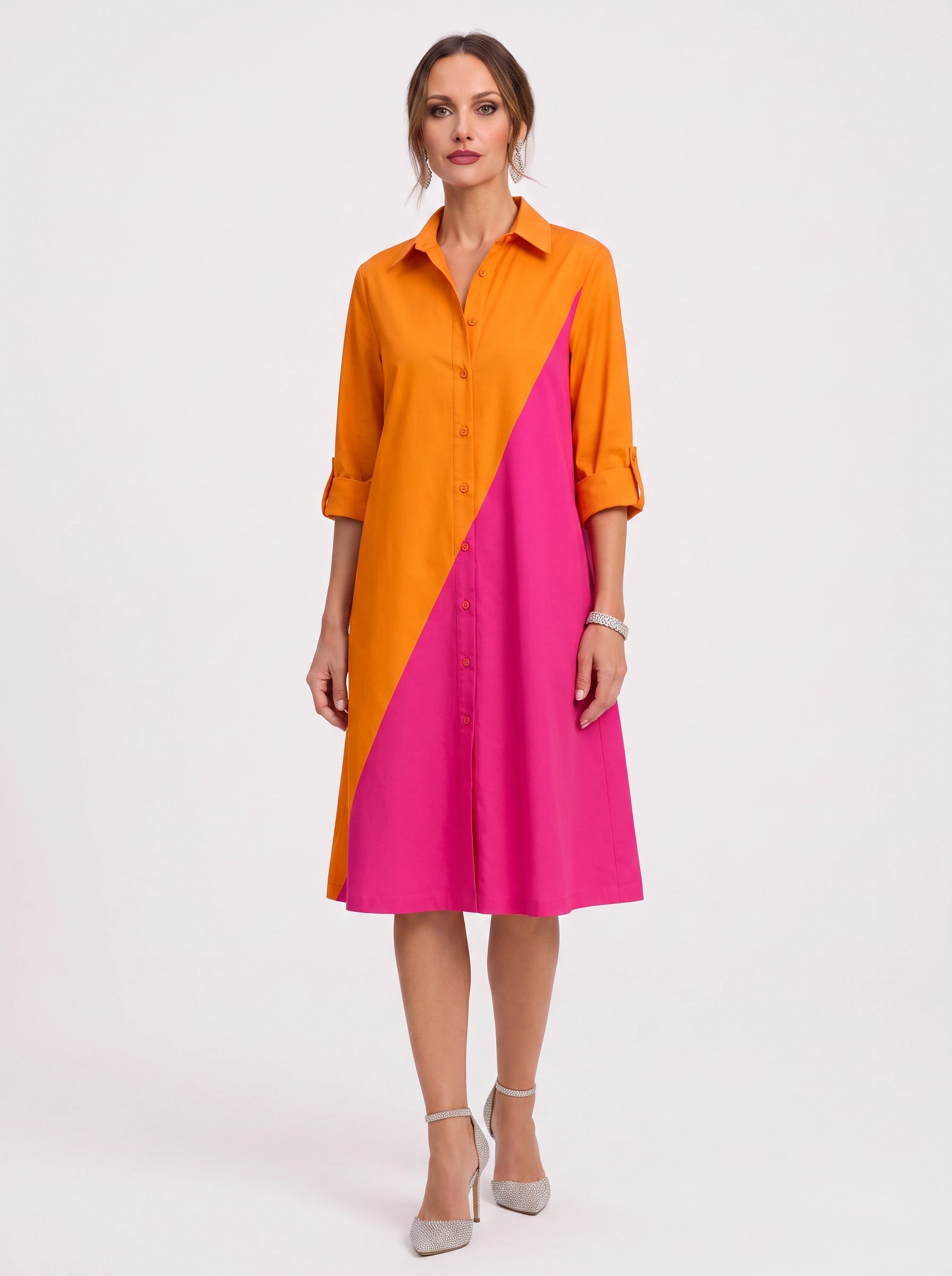 Diagonix Colorblock Shirt Dress – Women Casual A-Line Summer Knee-Length Collared Shirt Dress