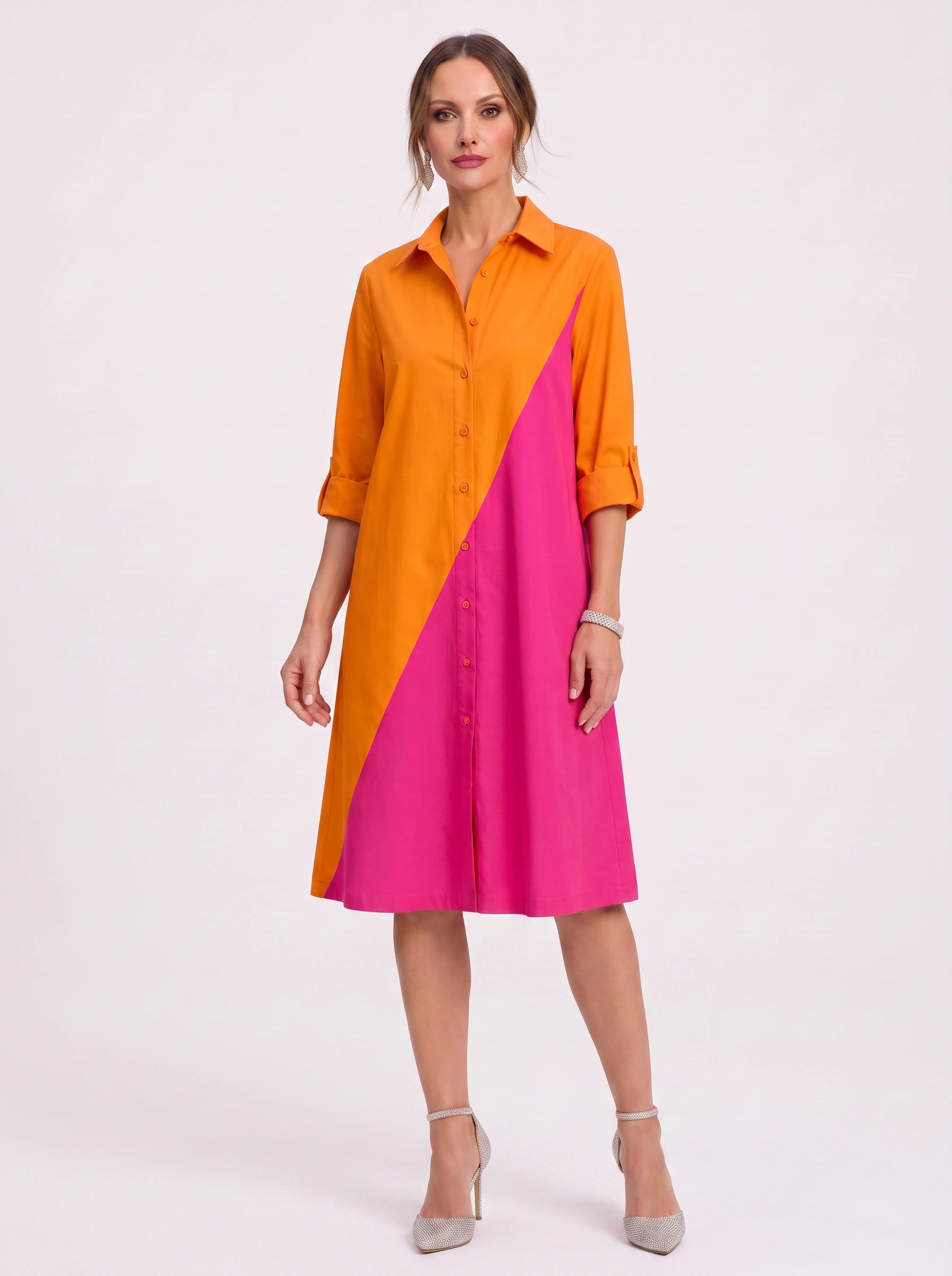 Diagonix Colorblock Shirt Dress – Women Casual A-Line Summer Knee-Length Collared Shirt Dress