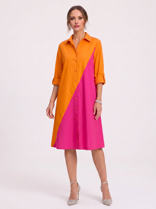 Diagonix Colorblock Shirt Dress – Women Casual A-Line Summer Knee-Length Collared Shirt Dress