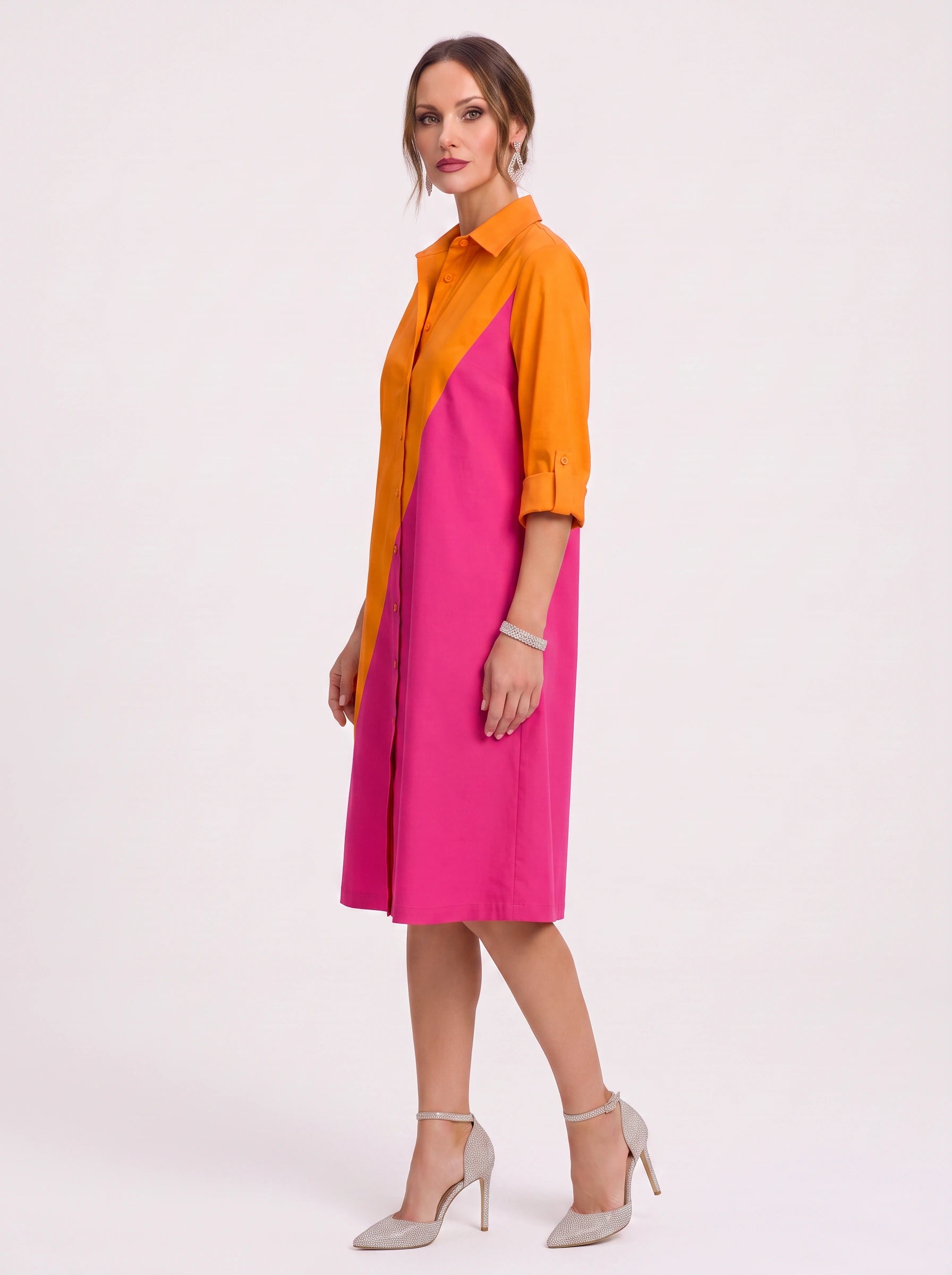 Diagonix Colorblock Shirt Dress – Women Casual A-Line Summer Knee-Length Collared Shirt Dress