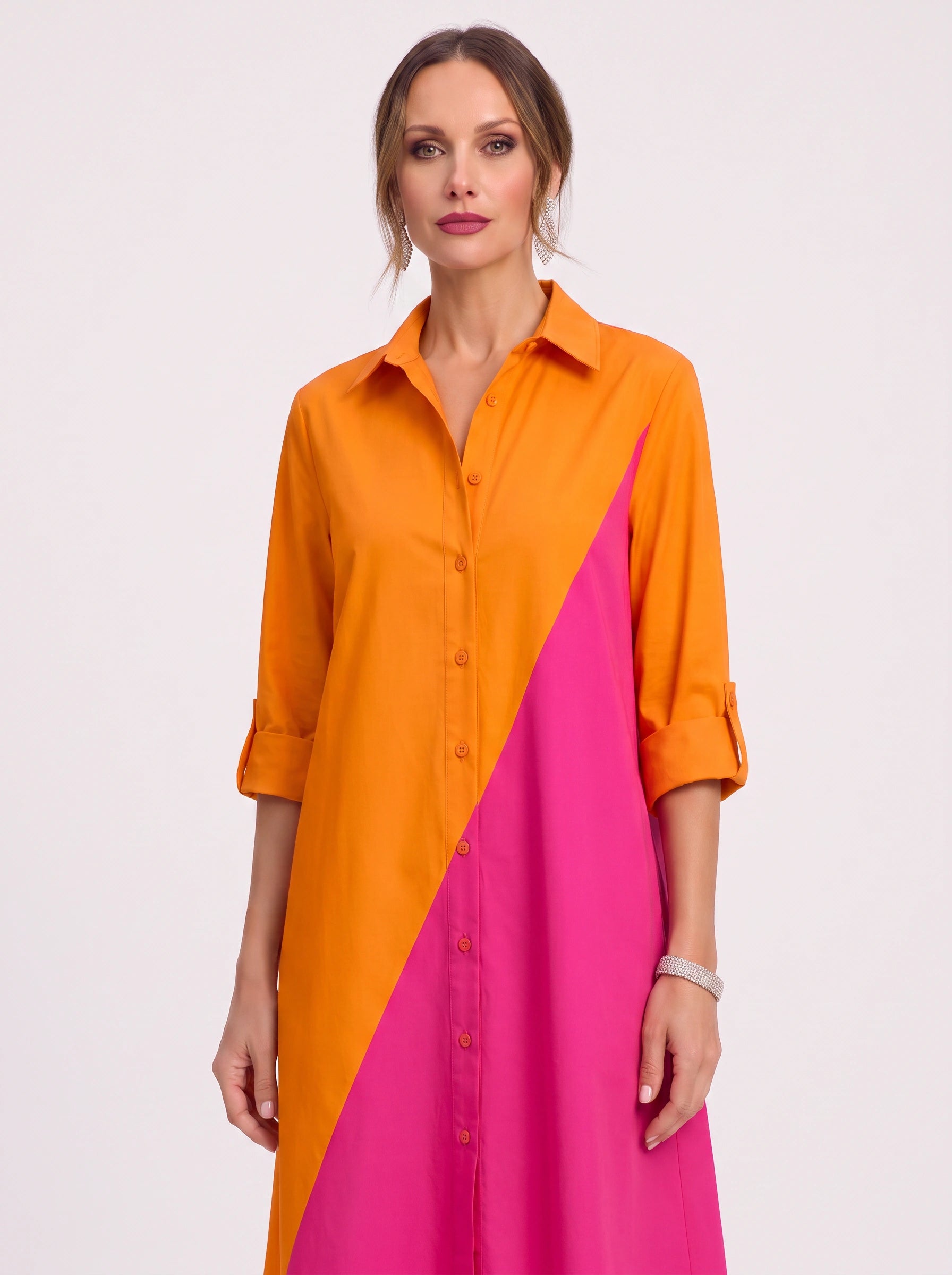 Diagonix Colorblock Shirt Dress – Women Casual A-Line Summer Knee-Length Collared Shirt Dress