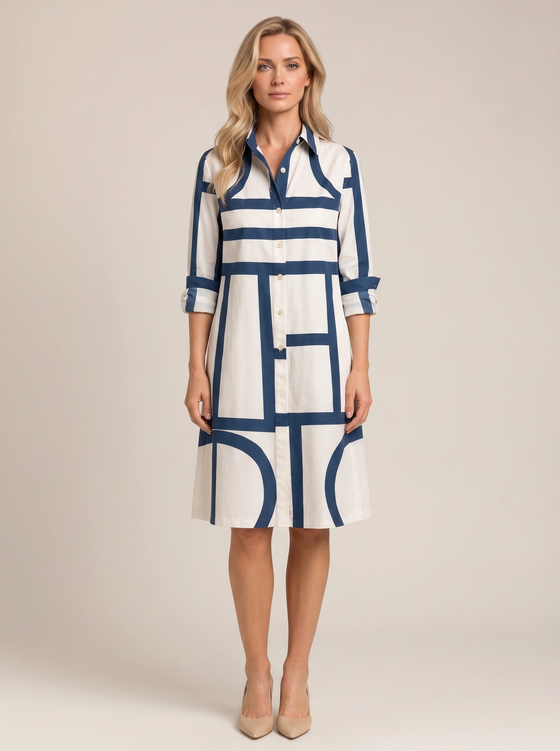 Navigrid Geometric Print Shirt Dress – Women Button Down Shirt Dress Summer Casual Office Midi Dress