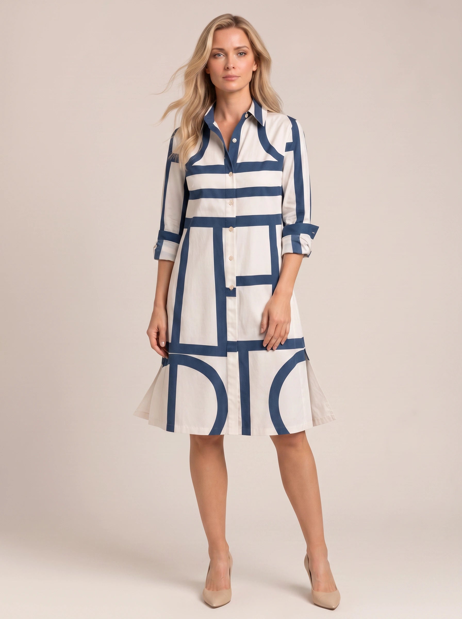 Navigrid Geometric Print Shirt Dress – Women Button Down Shirt Dress Summer Casual Office Midi Dress