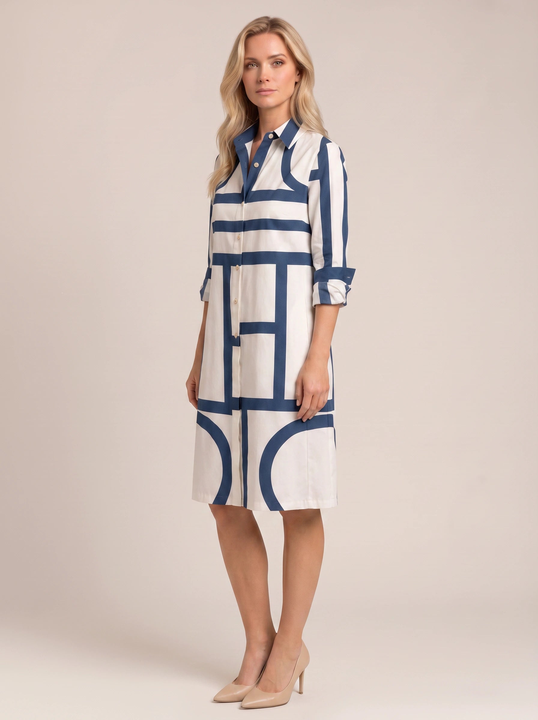 Navigrid Geometric Print Shirt Dress – Women Button Down Shirt Dress Summer Casual Office Midi Dress