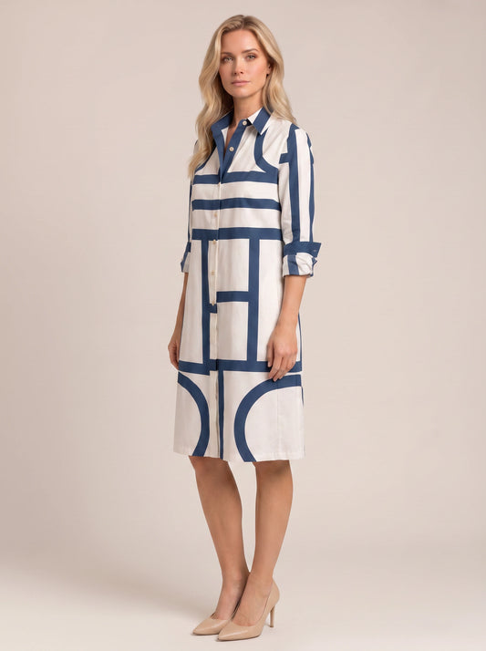 Navigrid Geometric Print Shirt Dress – Women Button Down Shirt Dress Summer Casual Office Midi Dress