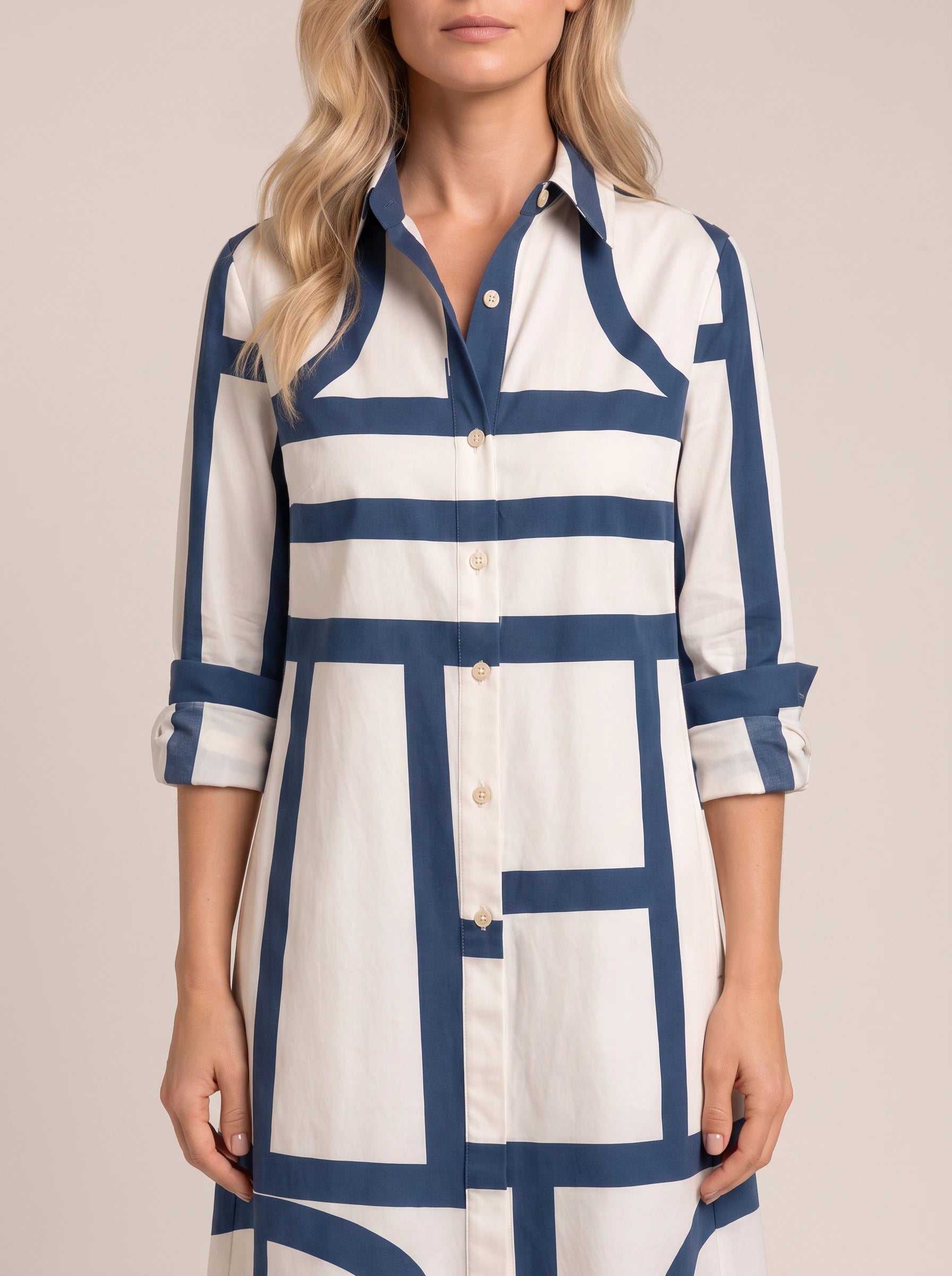 Navigrid Geometric Print Shirt Dress – Women Button Down Shirt Dress Summer Casual Office Midi Dress