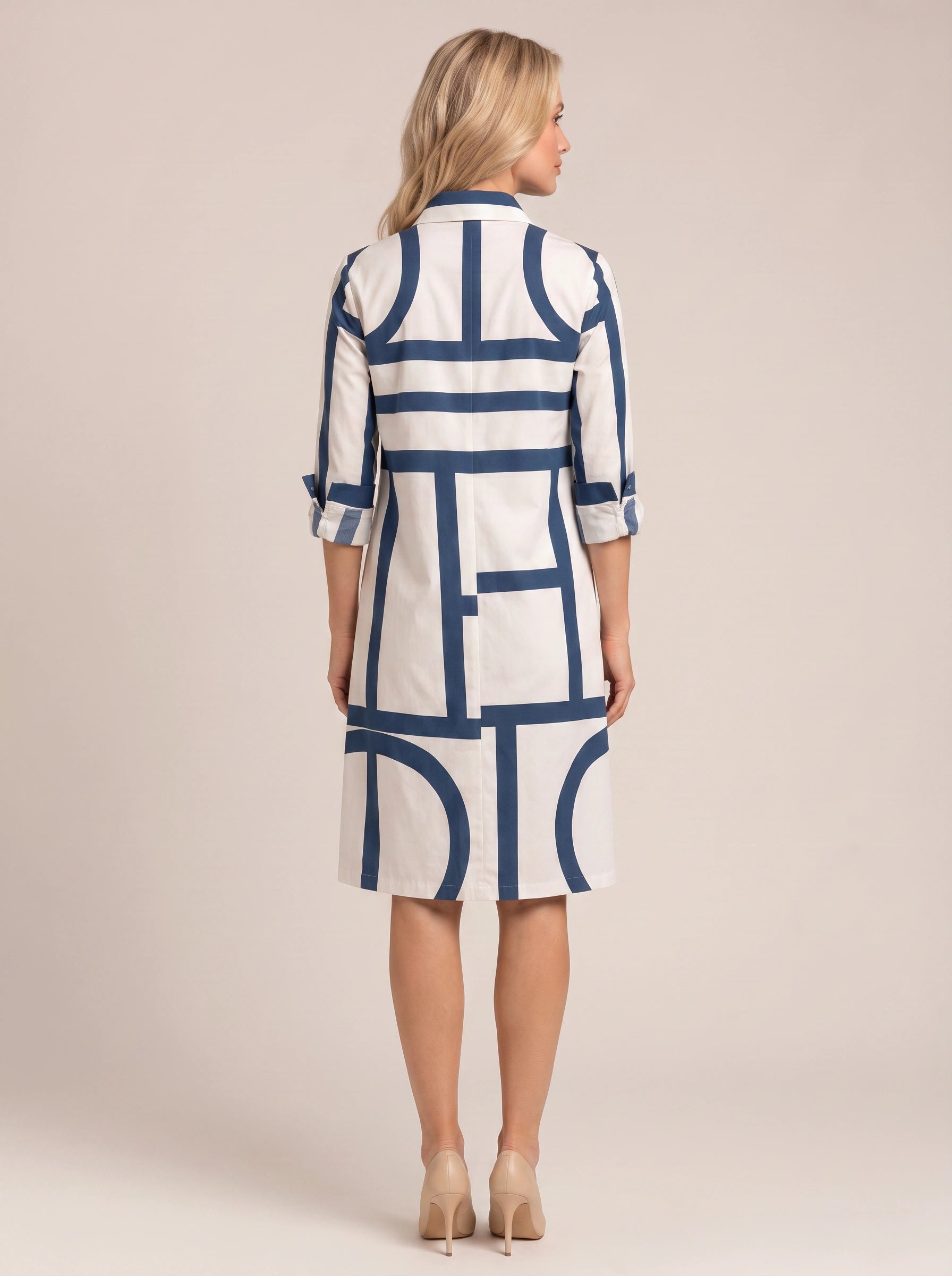 Navigrid Geometric Print Shirt Dress – Women Button Down Shirt Dress Summer Casual Office Midi Dress