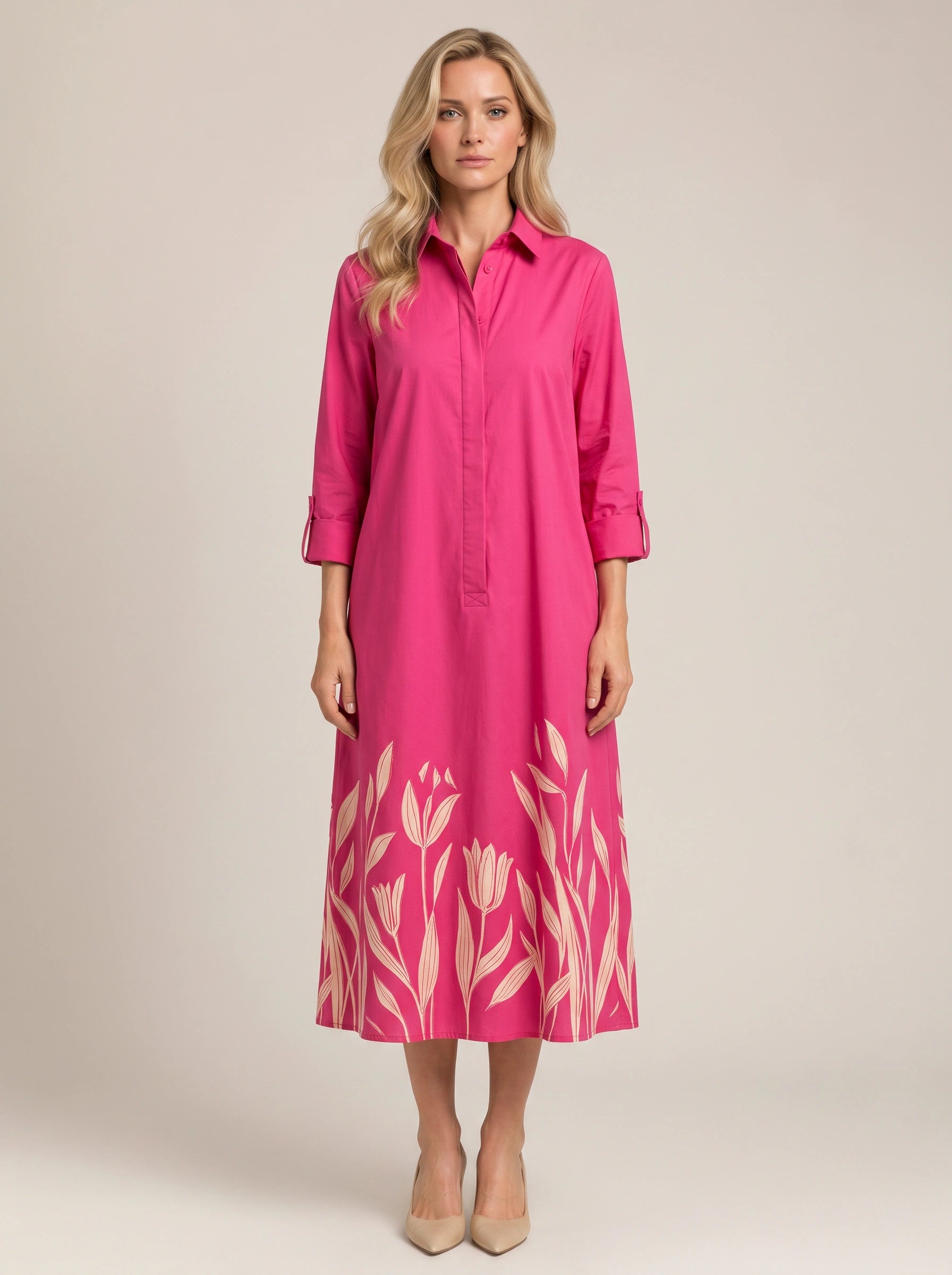 Botani Embroidered Collar Shirt Midi Dress – Women Floral Print Linen Blend Casual Ladies Shirt Dress