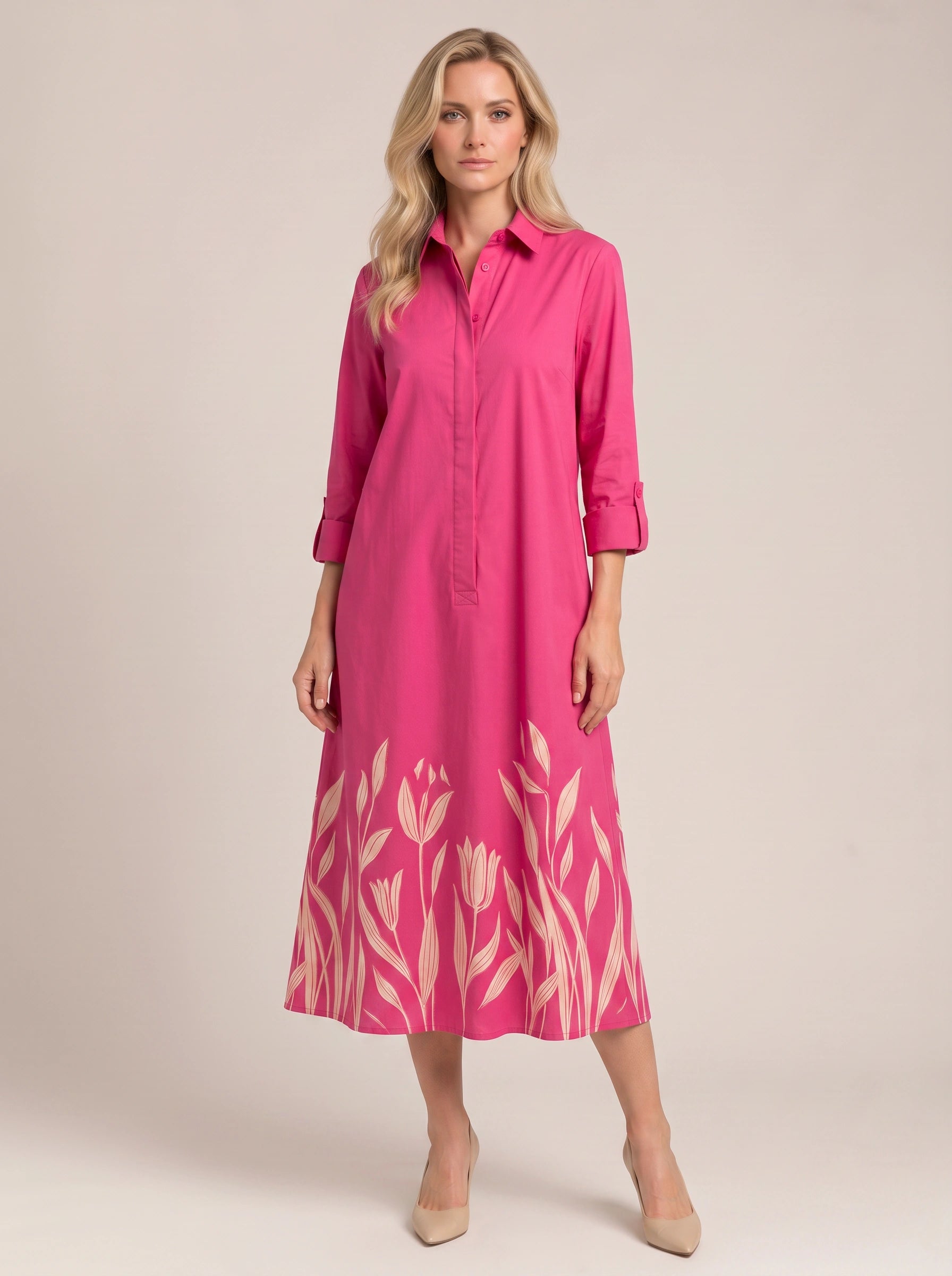 Botani Embroidered Collar Shirt Midi Dress – Women Floral Print Linen Blend Casual Ladies Shirt Dress