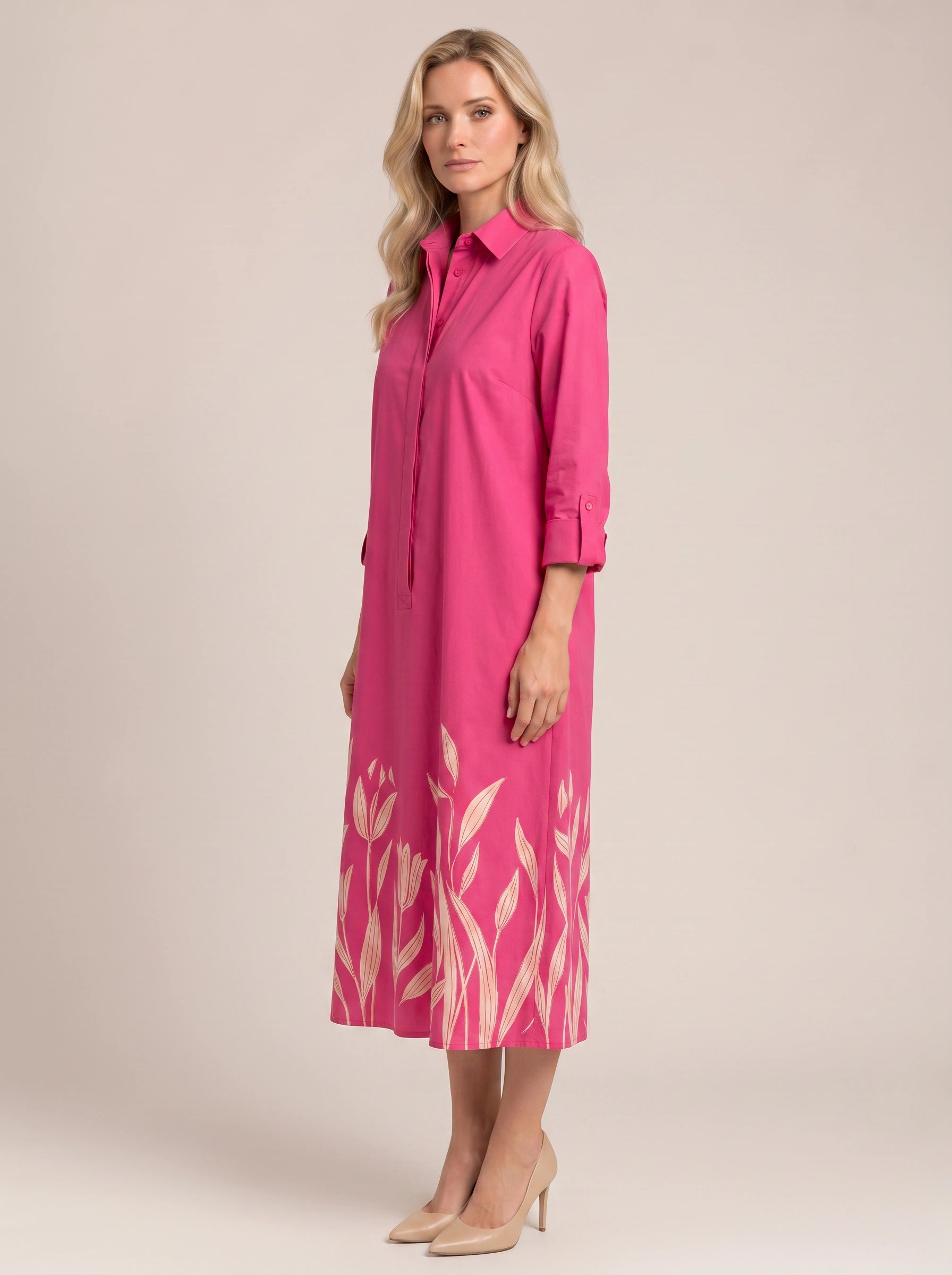 Botani Embroidered Collar Shirt Midi Dress – Women Floral Print Linen Blend Casual Ladies Shirt Dress