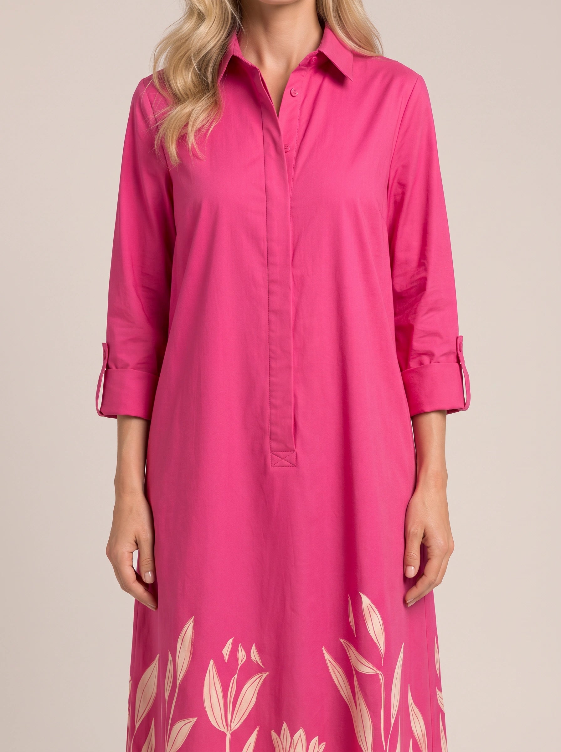 Botani Embroidered Collar Shirt Midi Dress – Women Floral Print Linen Blend Casual Ladies Shirt Dress