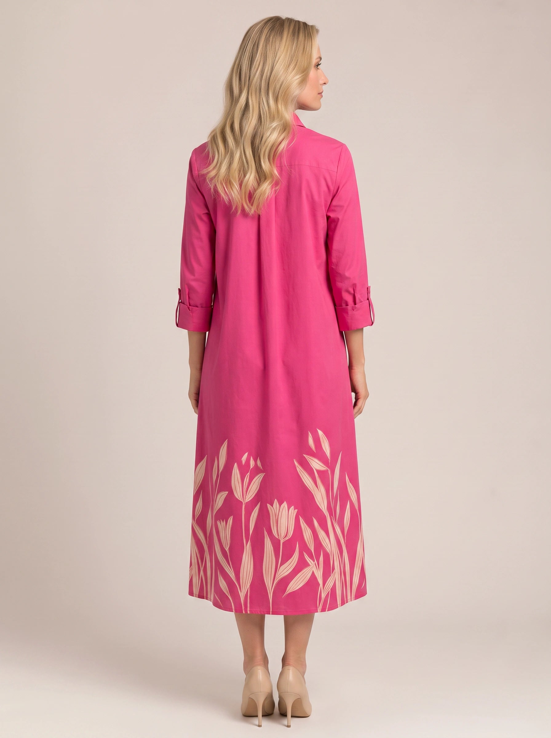 Botani Embroidered Collar Shirt Midi Dress – Women Floral Print Linen Blend Casual Ladies Shirt Dress