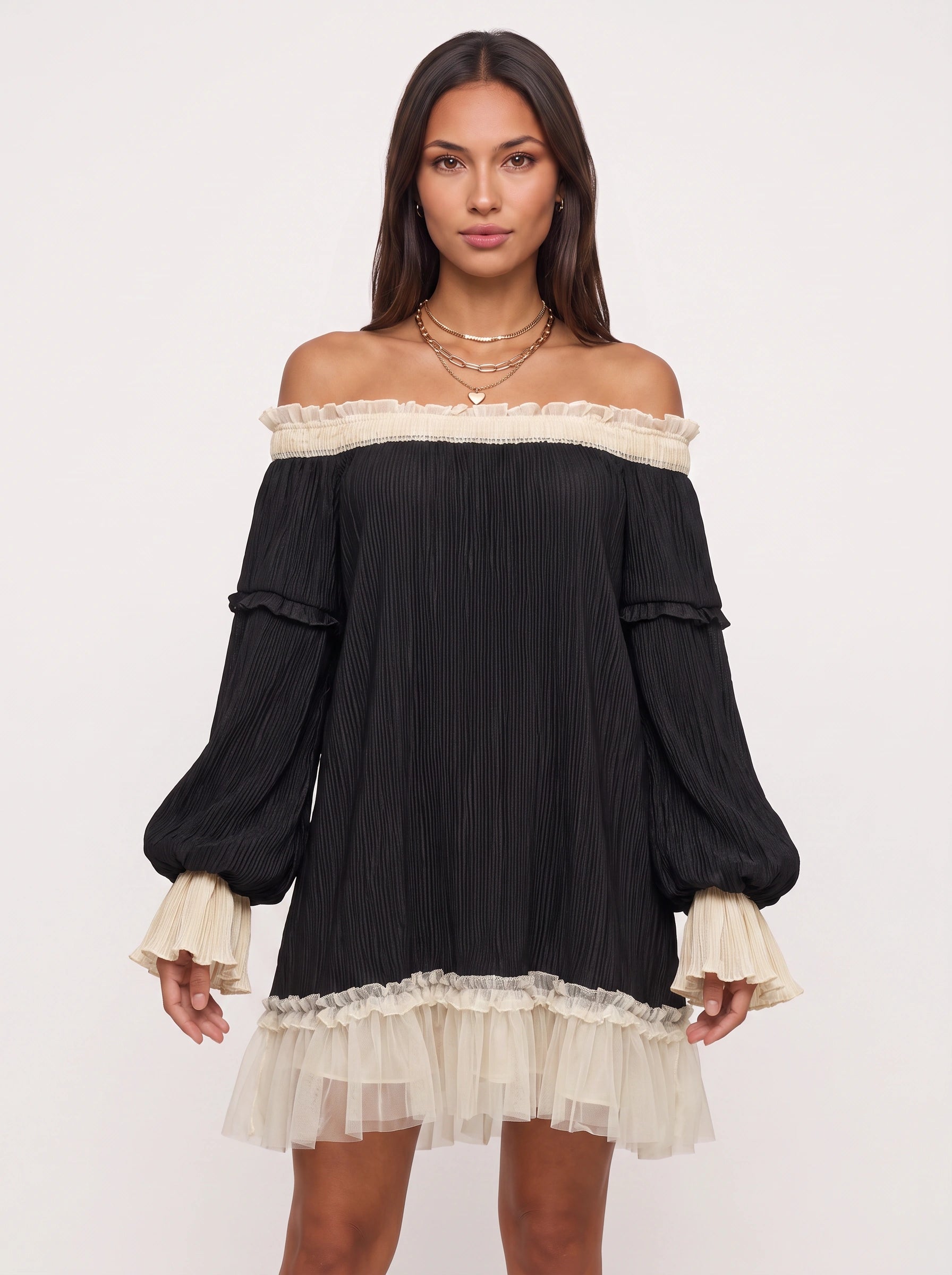 Contrapli Off-Shoulder Ruffle Mini Dress – Women Party Cocktail Wedding Guest Pleated Contrast Trim Mini Dress