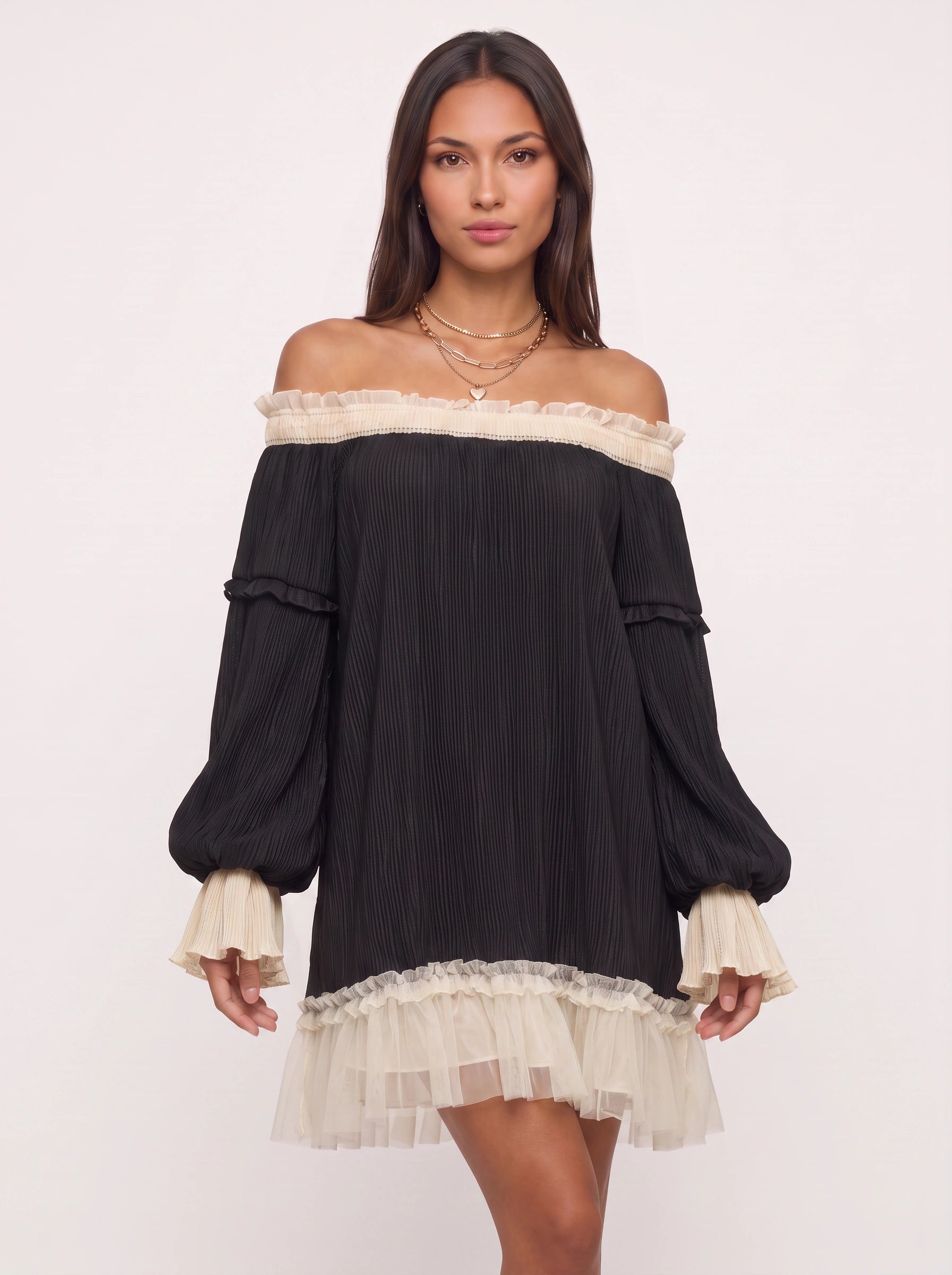 Contrapli Off-Shoulder Ruffle Mini Dress – Women Party Cocktail Wedding Guest Pleated Contrast Trim Mini Dress
