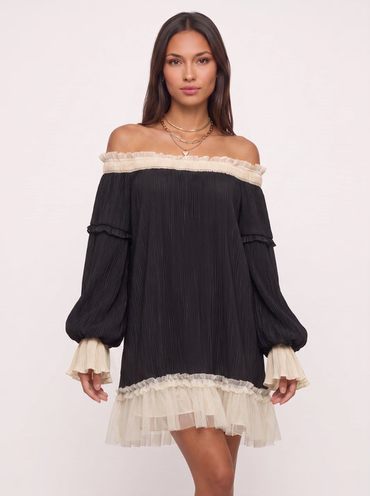 Contrapli Off-Shoulder Ruffle Mini Dress – Women Party Cocktail Wedding Guest Pleated Contrast Trim Mini Dress