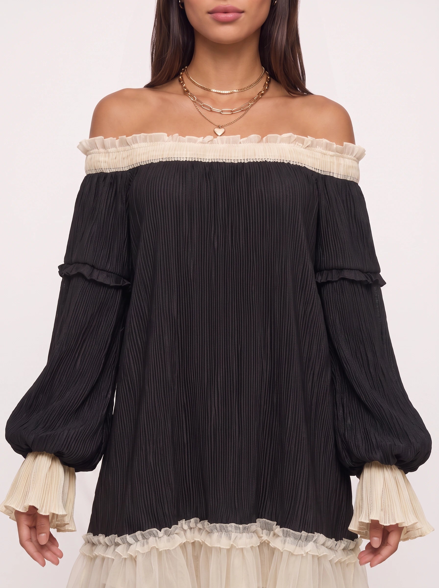 Contrapli Off-Shoulder Ruffle Mini Dress – Women Party Cocktail Wedding Guest Pleated Contrast Trim Mini Dress