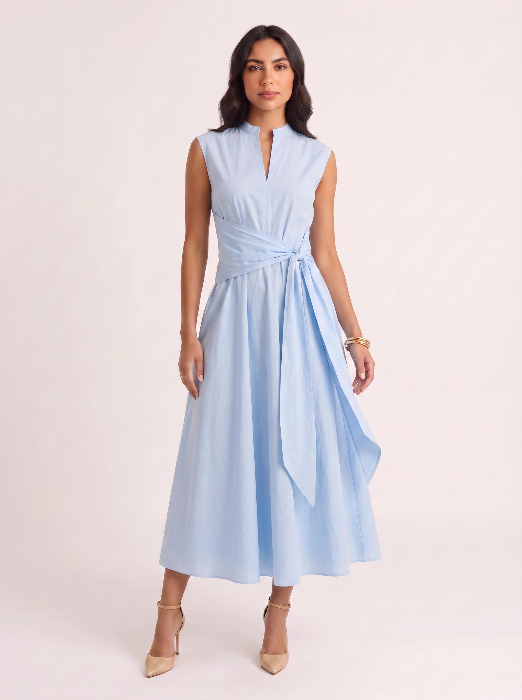 Cinctura Sleeveless Tie Waist Midi Dress – Women Summer Wedding Guest Cotton Casual Fit Flare Midi Dress