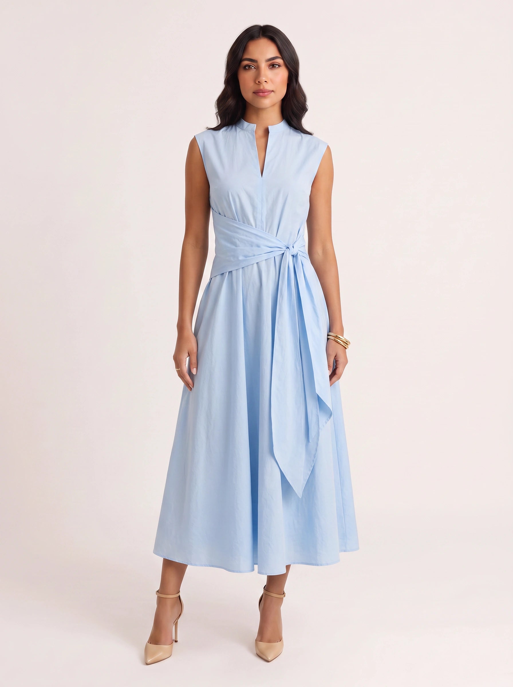 Cinctura Sleeveless Tie Waist Midi Dress – Women Summer Wedding Guest Cotton Casual Fit Flare Midi Dress