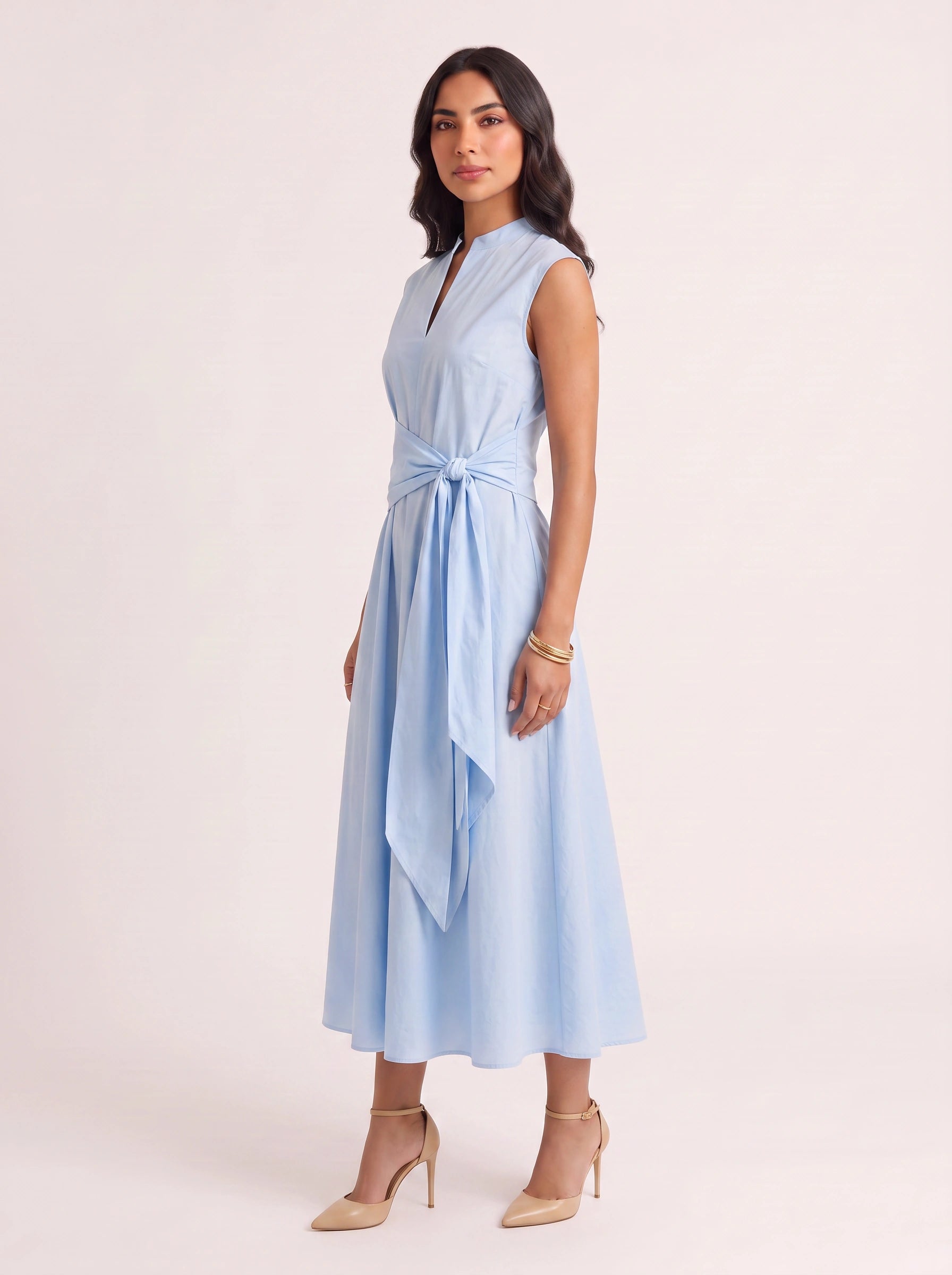 Cinctura Sleeveless Tie Waist Midi Dress – Women Summer Wedding Guest Cotton Casual Fit Flare Midi Dress