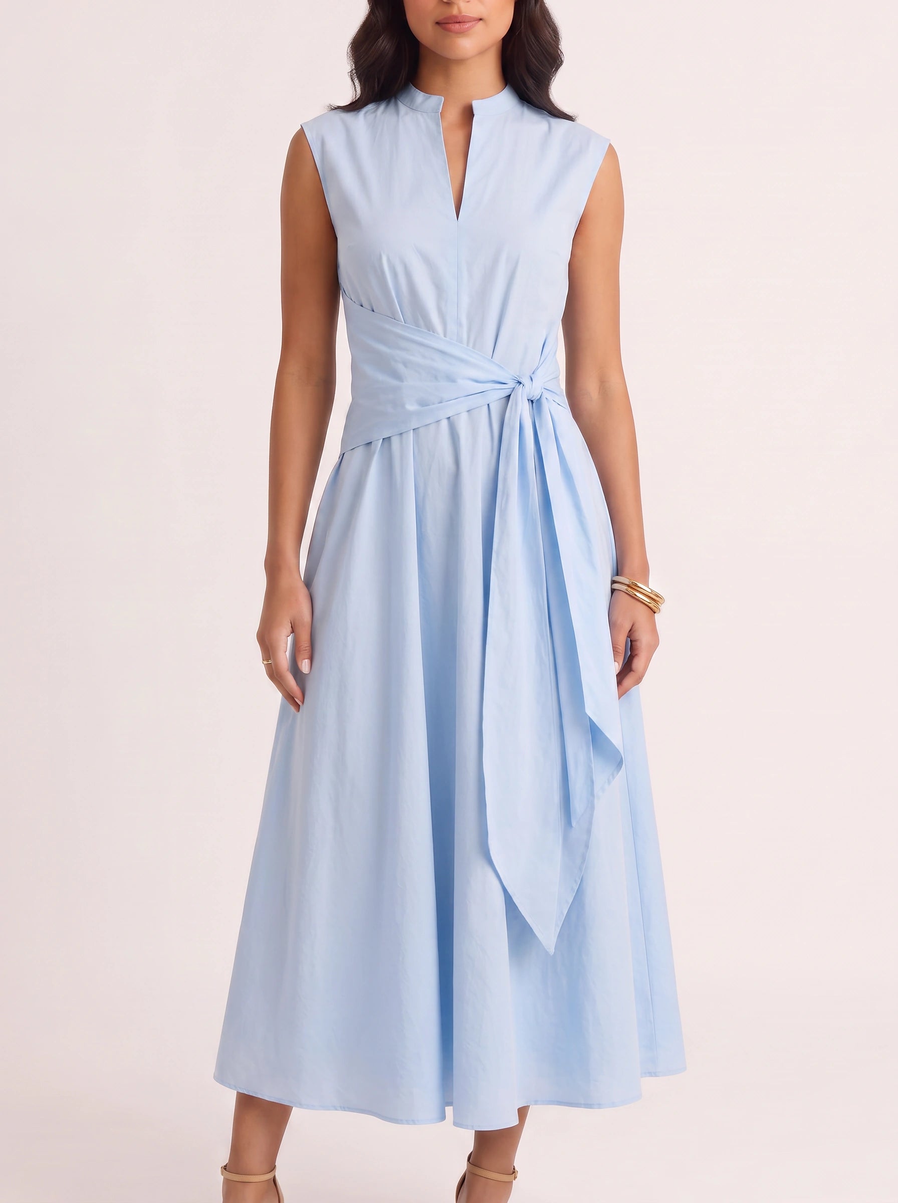 Cinctura Sleeveless Tie Waist Midi Dress – Women Summer Wedding Guest Cotton Casual Fit Flare Midi Dress