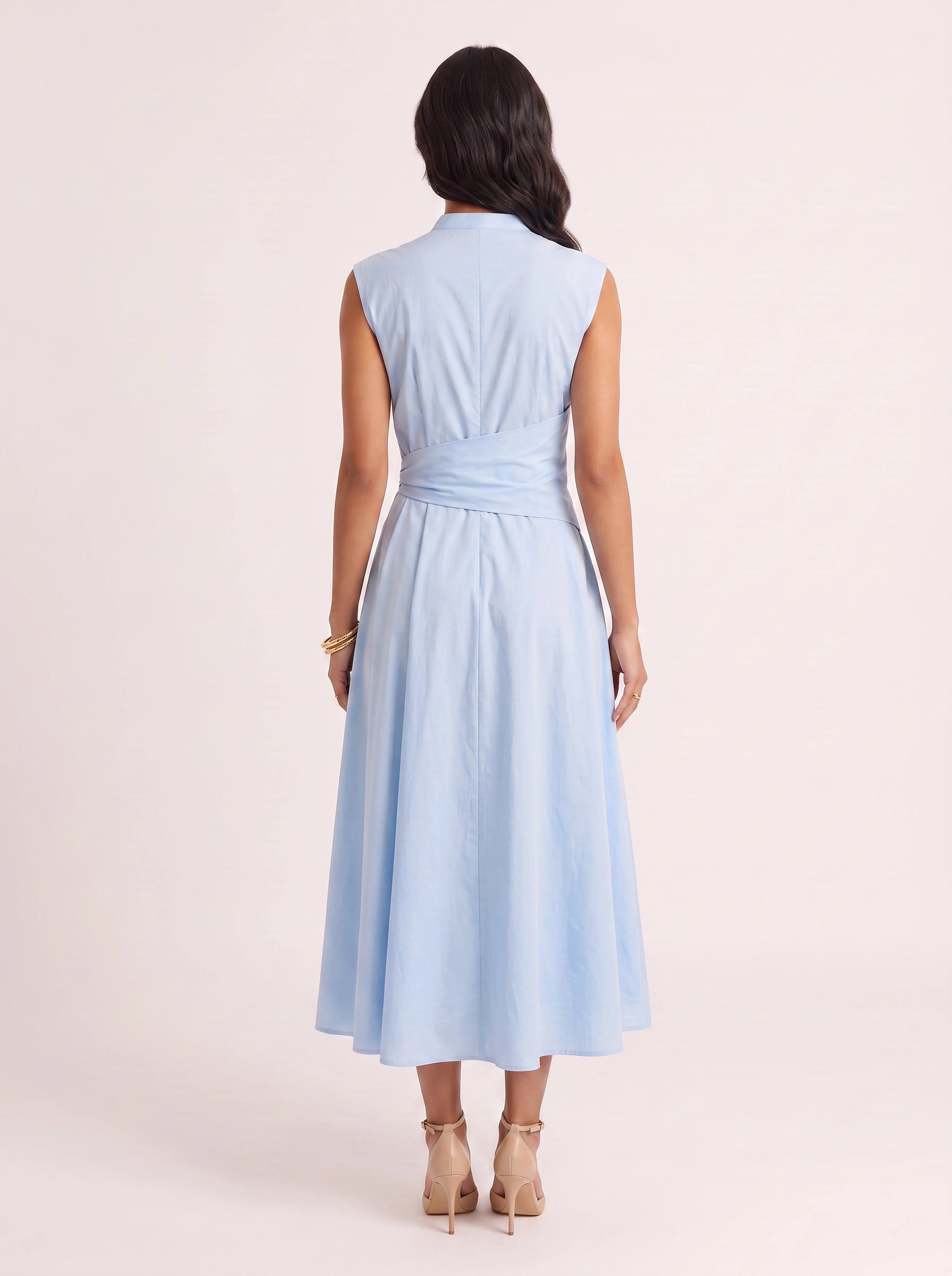 Cinctura Sleeveless Tie Waist Midi Dress – Women Summer Wedding Guest Cotton Casual Fit Flare Midi Dress