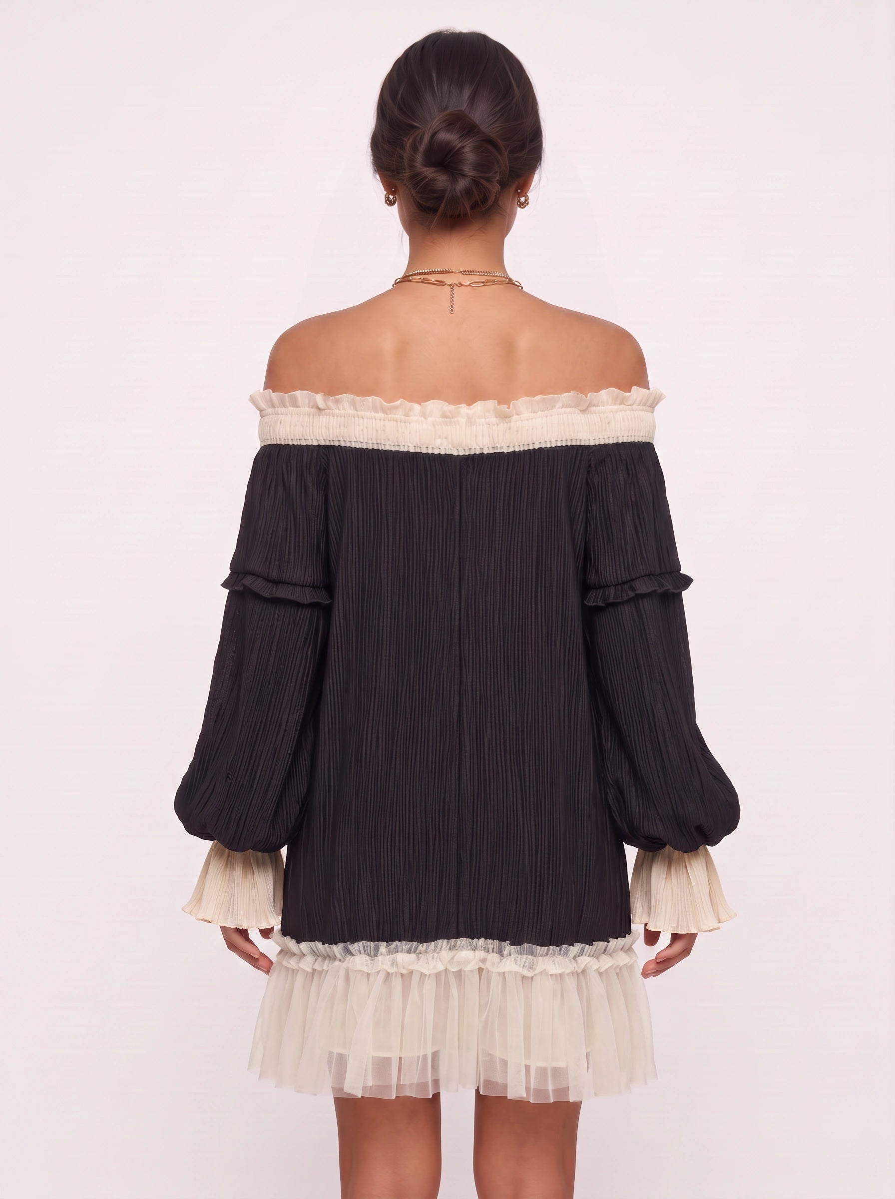 Contrapli Off-Shoulder Ruffle Mini Dress – Women Party Cocktail Wedding Guest Pleated Contrast Trim Mini Dress