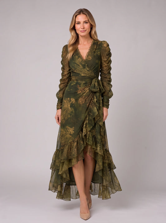 Floravent Wrap Ruffle Maxi Dress – Floral Long Sleeve Women Wedding Guest Formal Evening Boho Maxi Dress