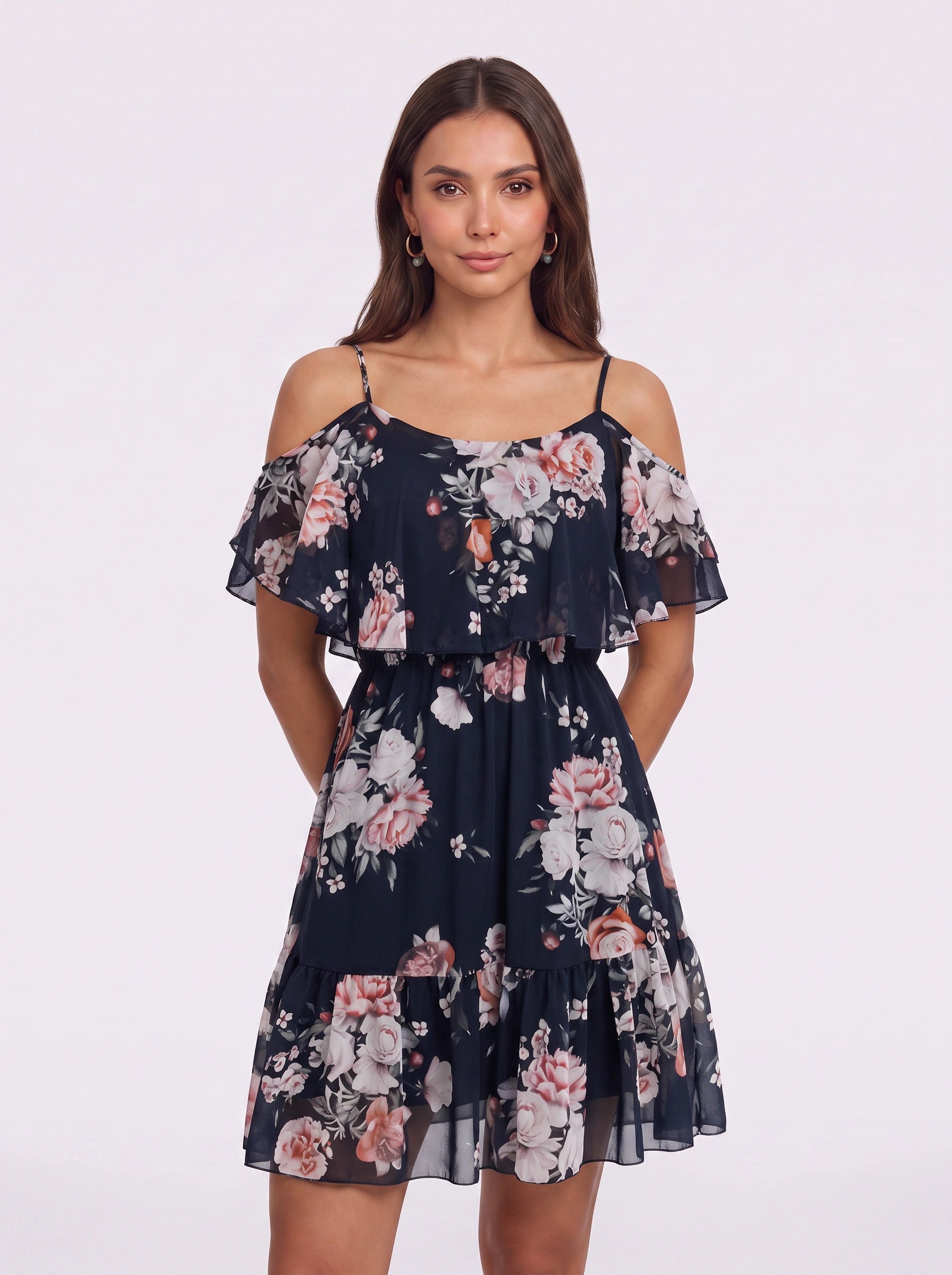 Rosara Cold Shoulder Ruffle Mini Dress – Floral Summer Women Sundress Cocktail Party Vacation Mini Dress