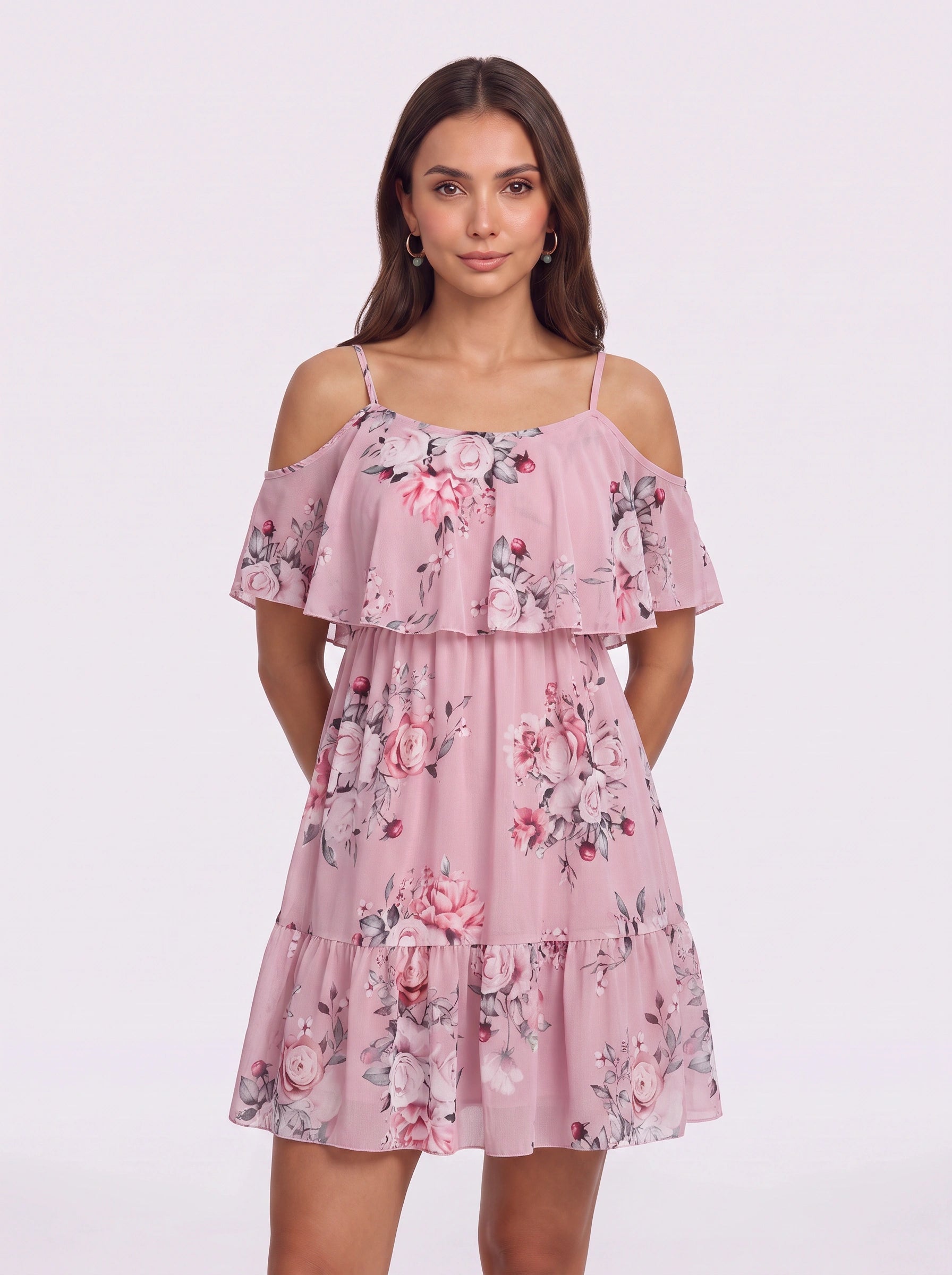 Rosara Cold Shoulder Ruffle Mini Dress – Floral Summer Women Sundress Cocktail Party Vacation Mini Dress