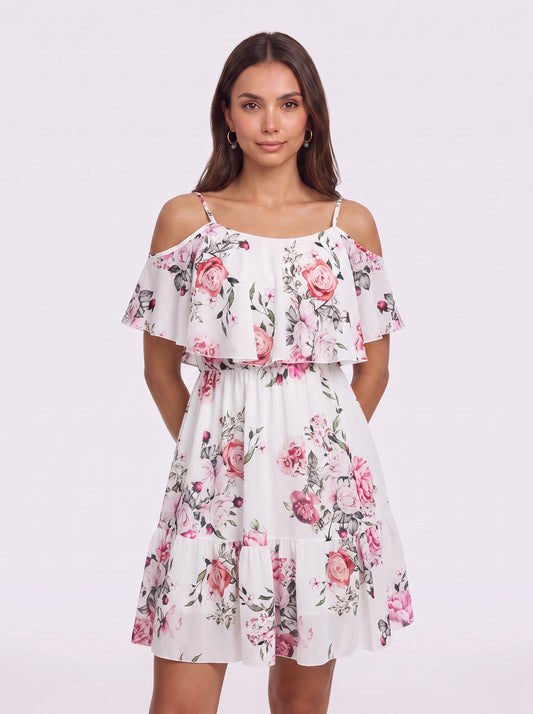 Rosara Cold Shoulder Ruffle Mini Dress – Floral Summer Women Sundress Cocktail Party Vacation Mini Dress