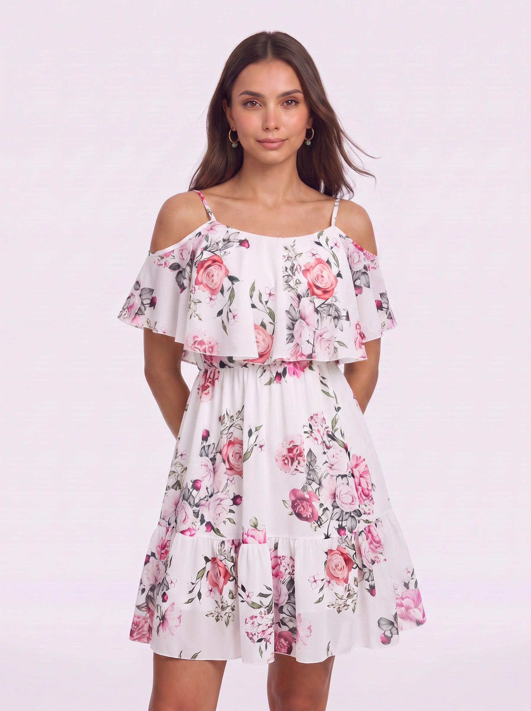 Rosara Cold Shoulder Ruffle Mini Dress – Floral Summer Women Sundress Cocktail Party Vacation Mini Dress